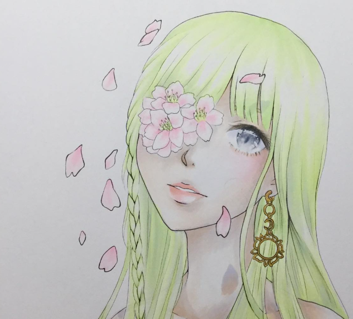 anime green hair sun earring copic.png
