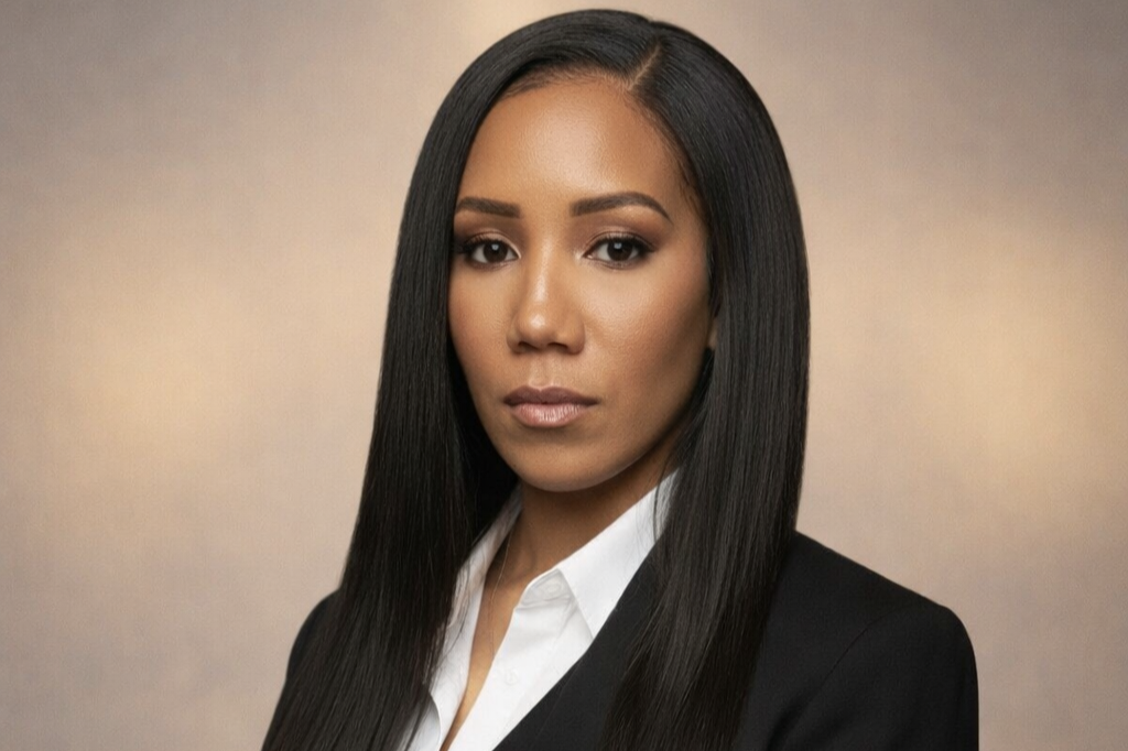 A professional headshot of a woman with long, straight black hair, wearing a black blazer and white shirt, with a neutral background.
