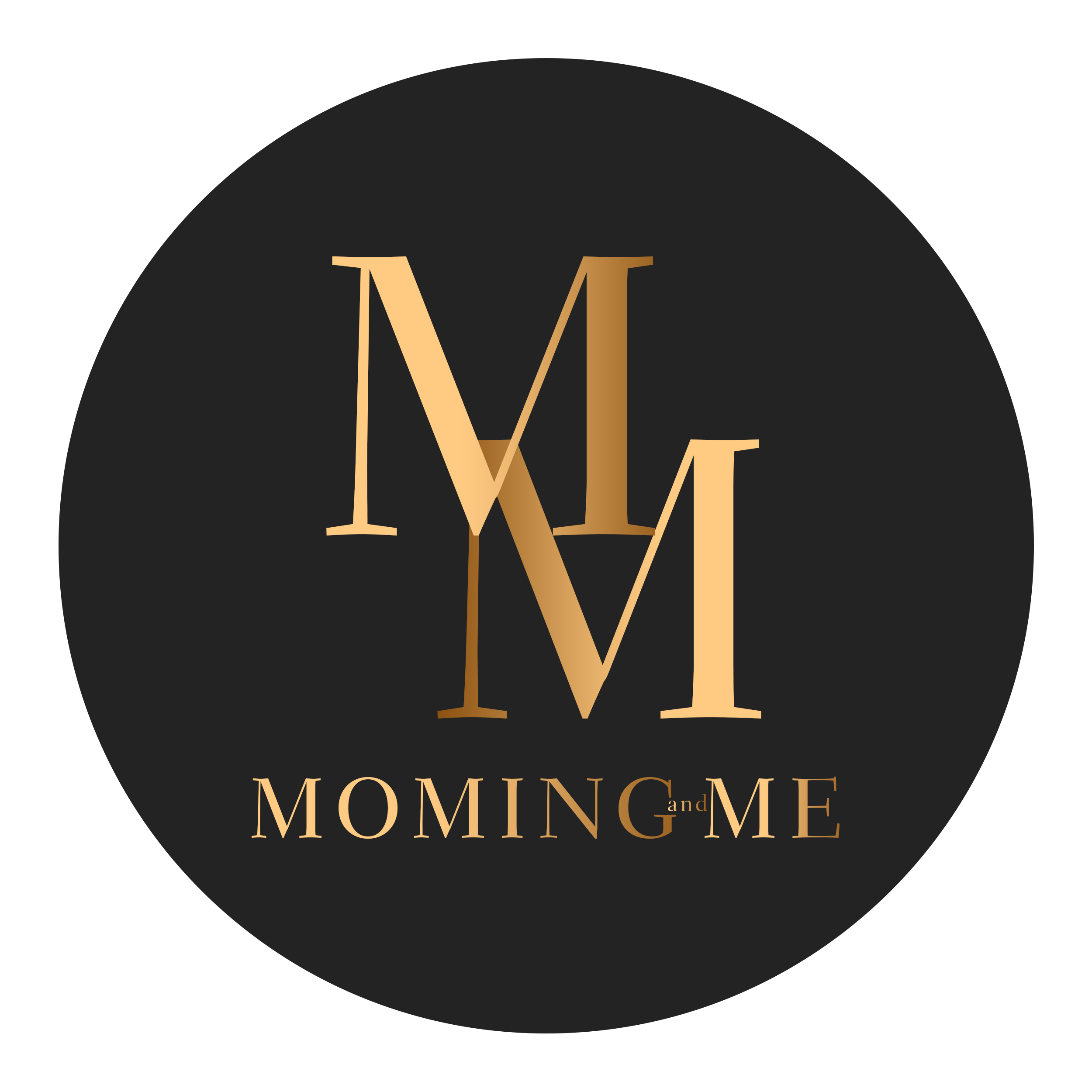 A black circular background with a gold design featuring stylized overlapping uppercase letter M. Below the design, the text reads "MOMING and ME" in gold letters.