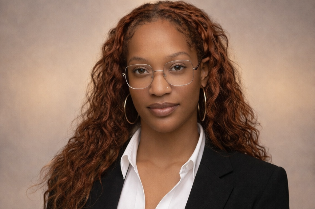 A young woman with long, curly red hair wearing glasses, hoop earrings, a white collared shirt, and a black blazer, posing against a neutral background.