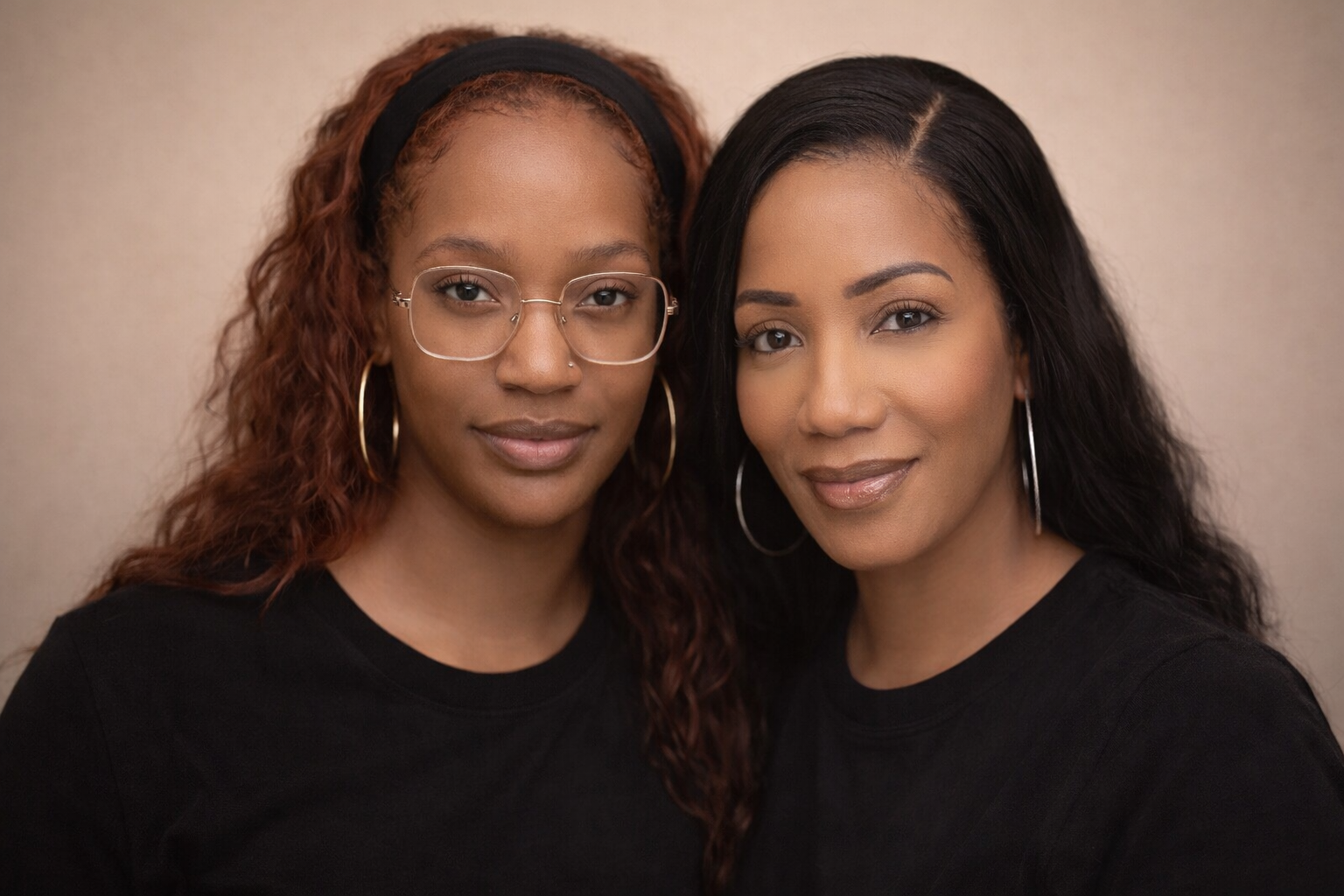 Two women with dark hair and brown skin wearing black shirts and hoop earrings, standing close together in front of a beige background.