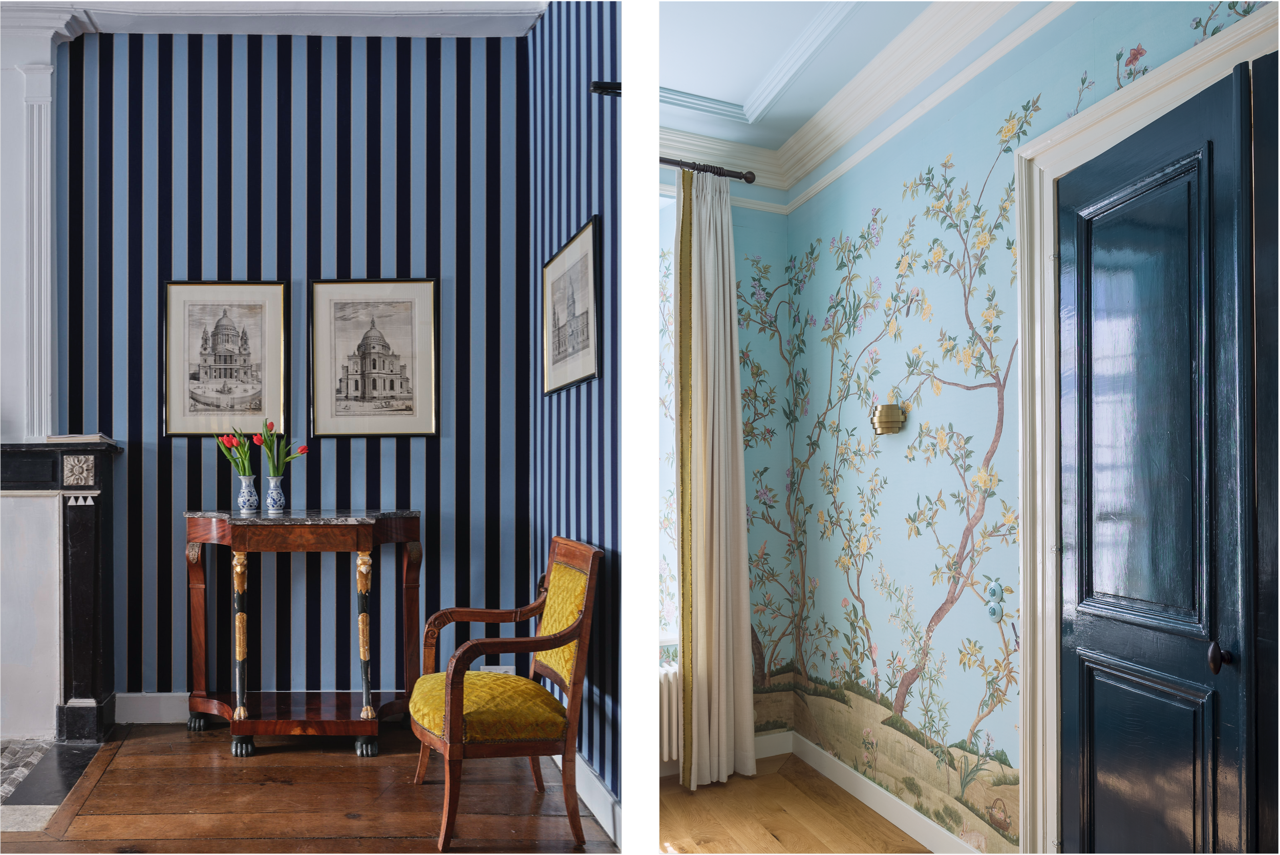 Interiors wit blue tones and wallpaper