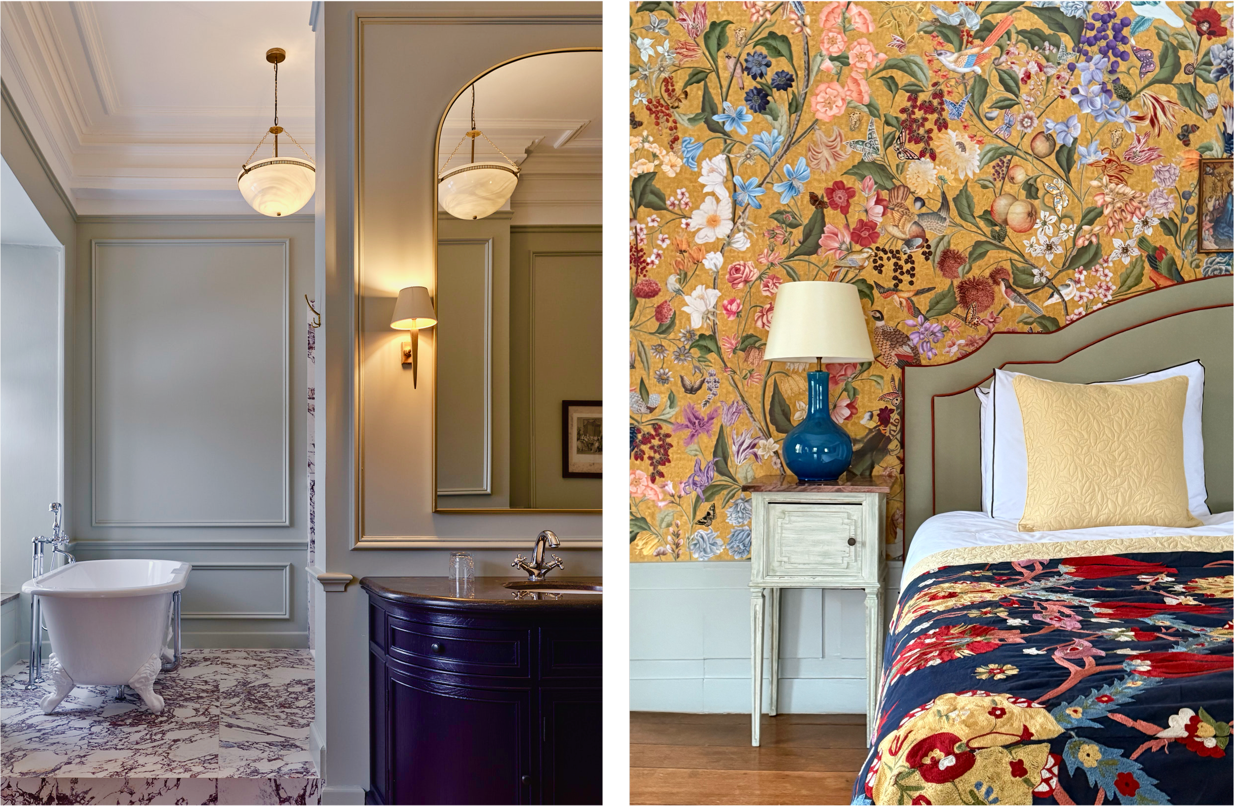 Classical bathroom and floral wallpaper bedroom