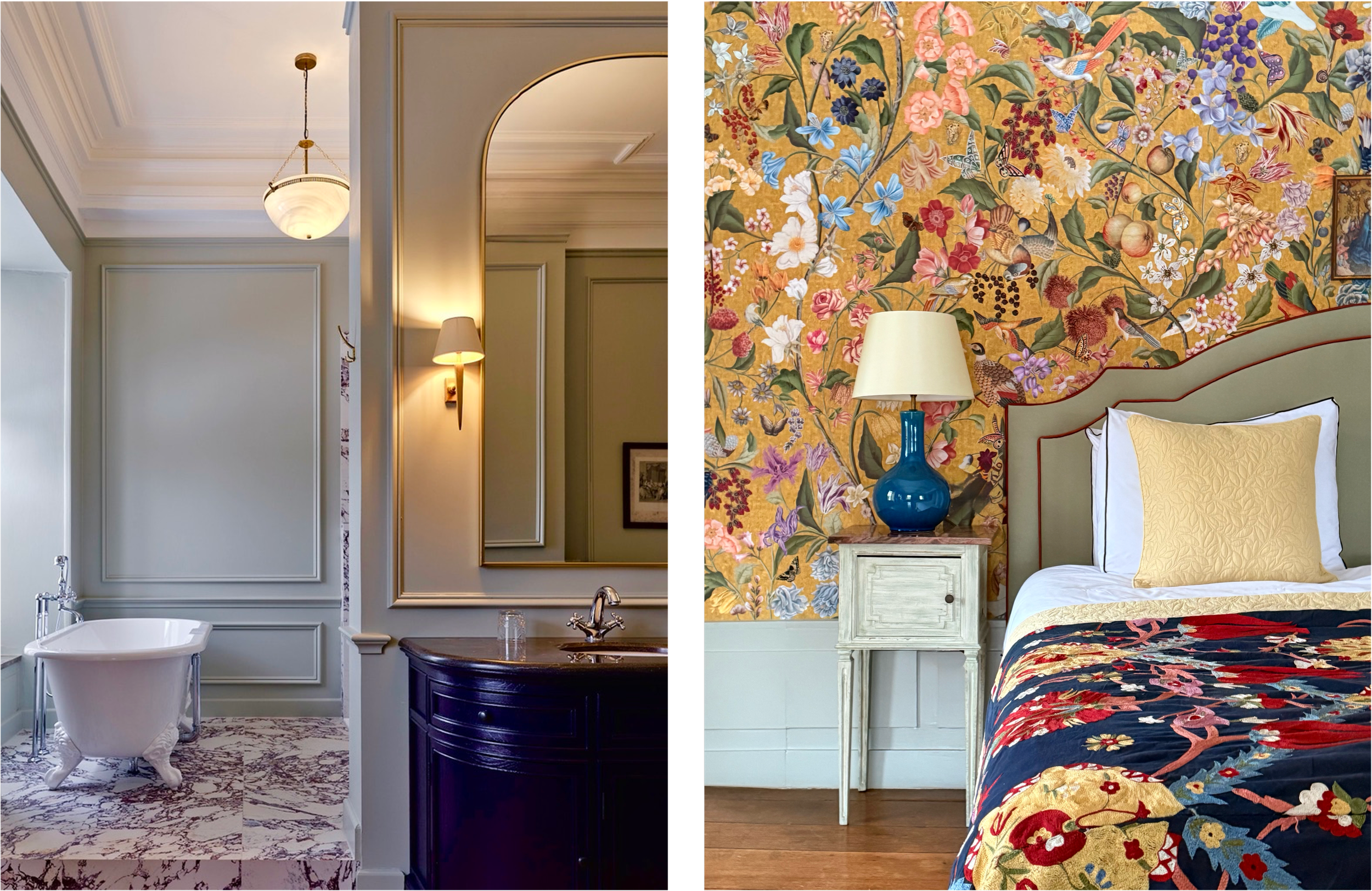 Classic bathroom marble floor floral wallpaper bedroom