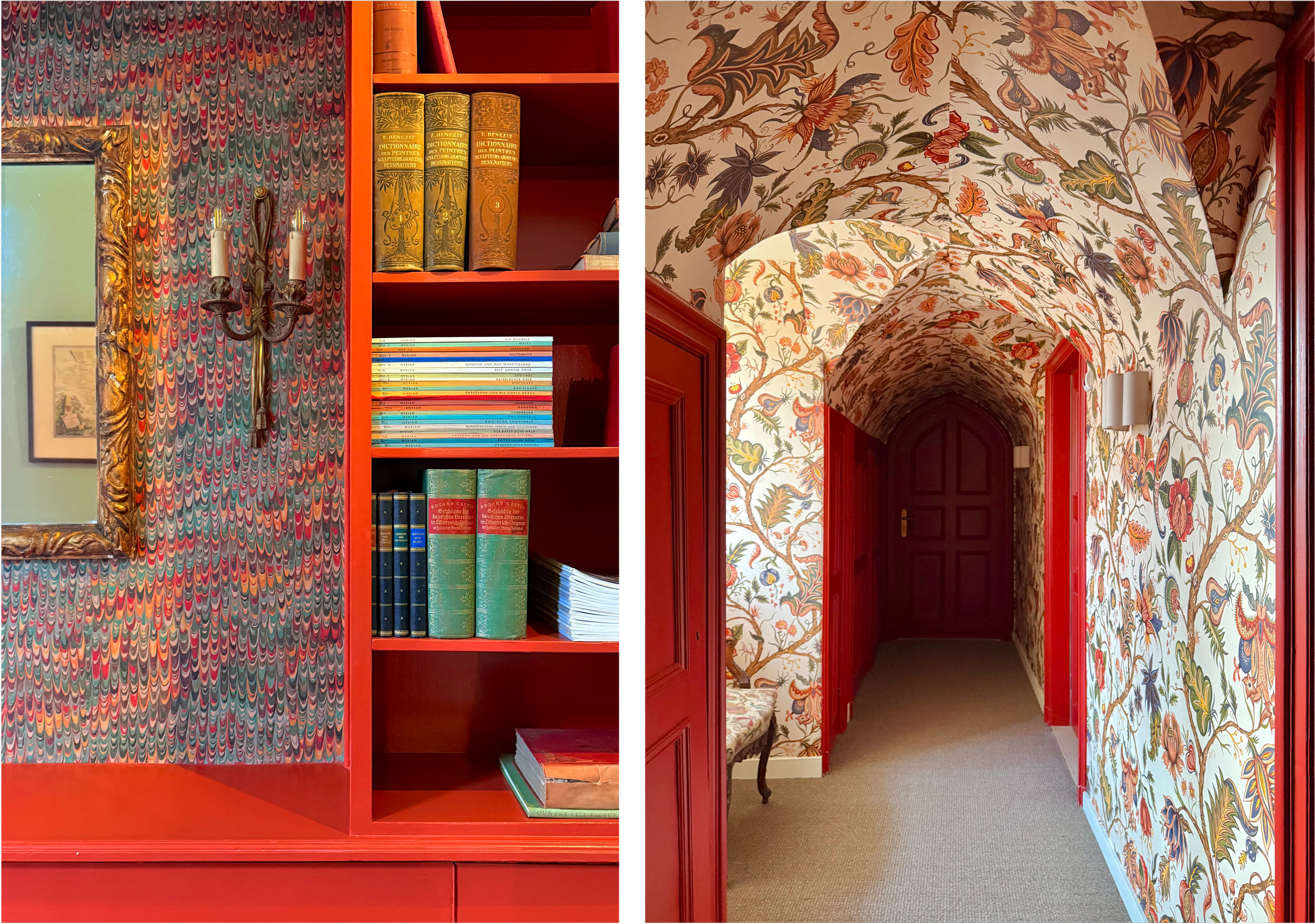 Interiors with red tones and striking wallpaper patterns