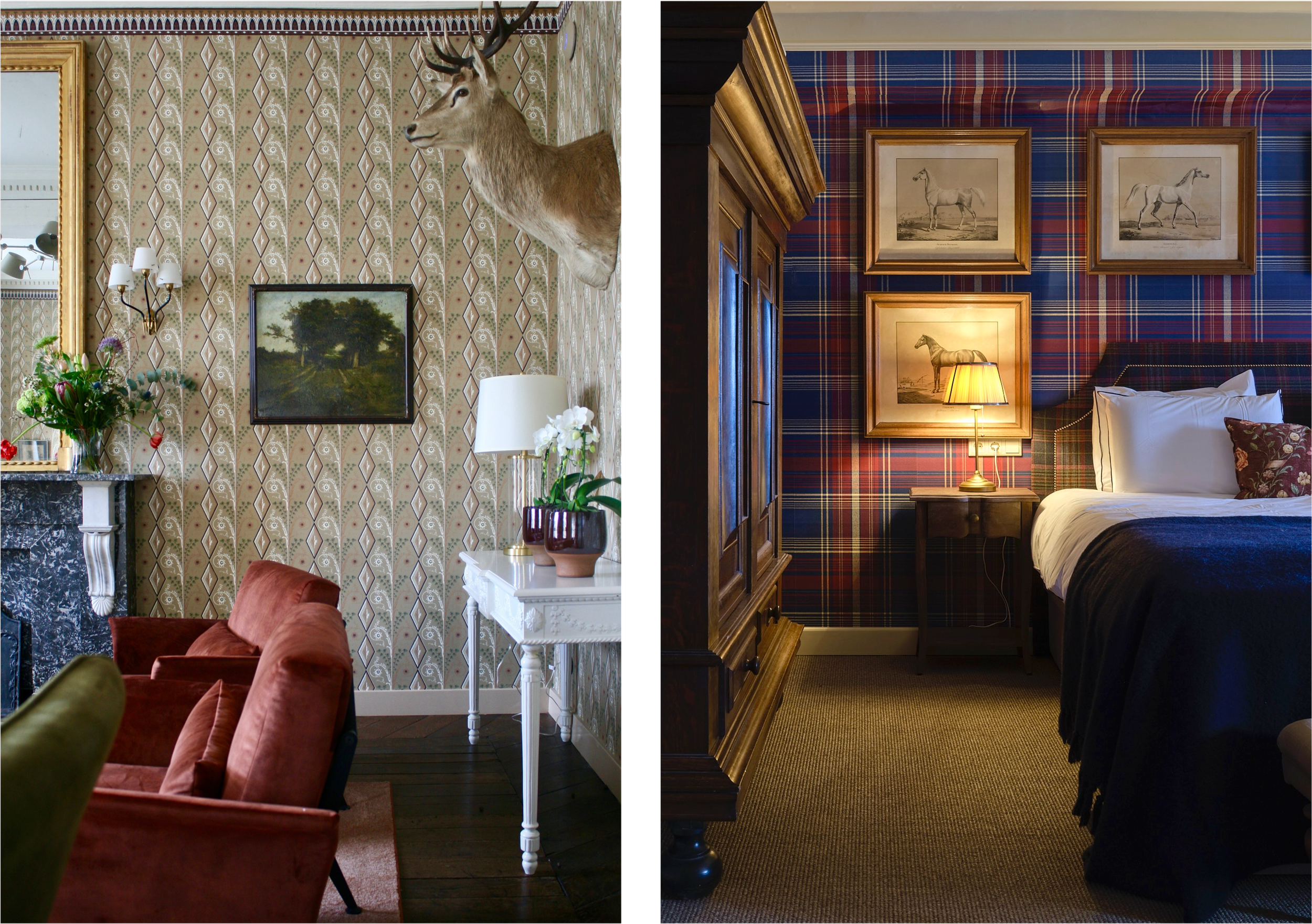 Warm, masculine interiors with patterned wallpaper