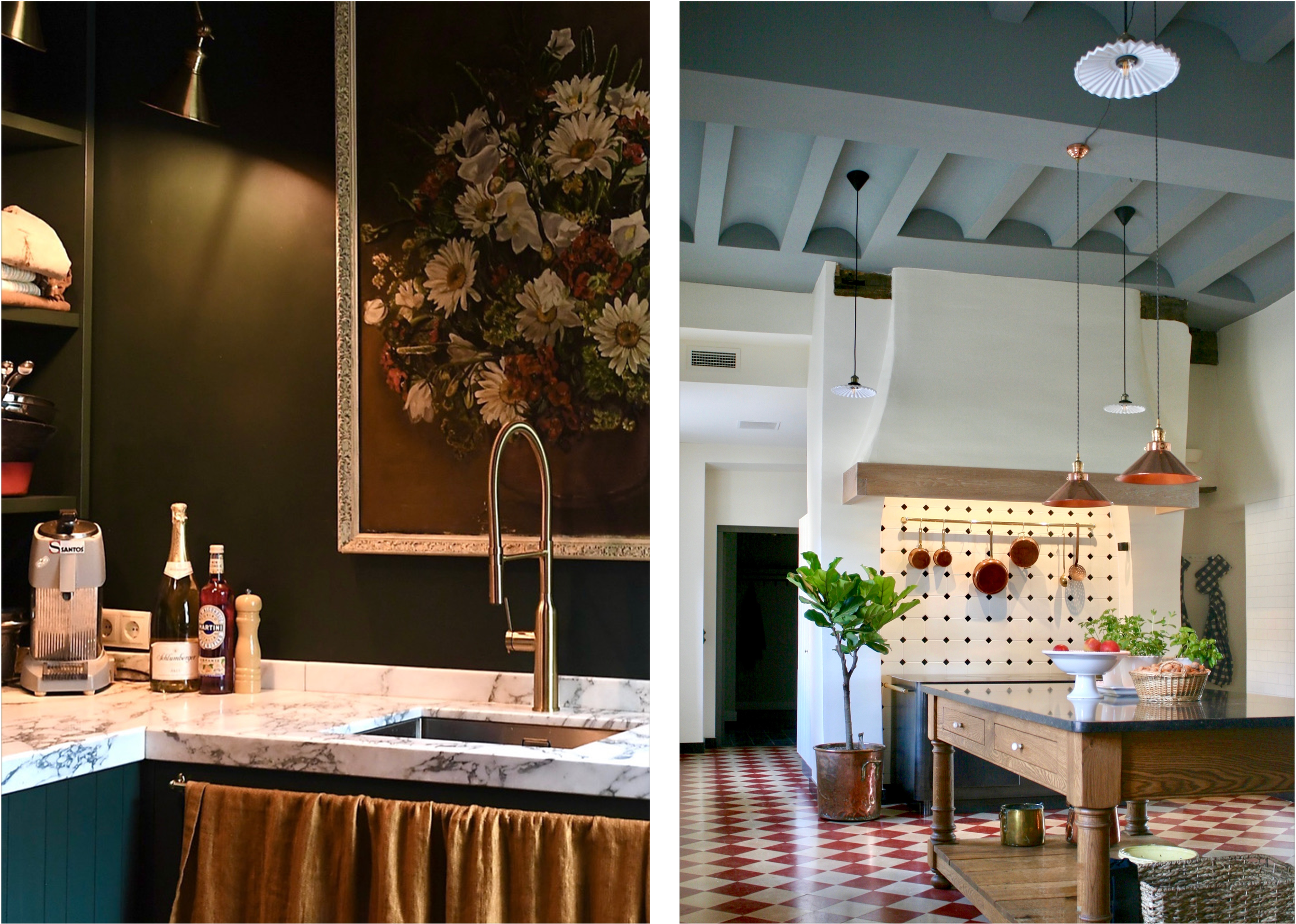 Classic kitchen in historic house, checkerboard floor and dramatic colour
