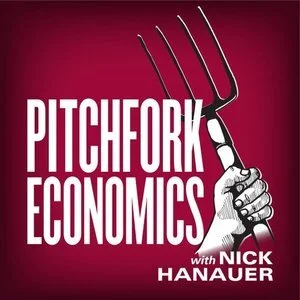 A red background with white text reading "Pitchfork Economics with Nick Hanauer" and a hand holding a pitchfork.