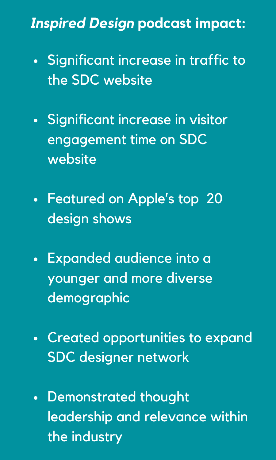 Results of Seattle Design Center’s branded podcast include: increase in traffic to the website, audience expansion to younger and more diverse demographic and increase in networking opportunities.