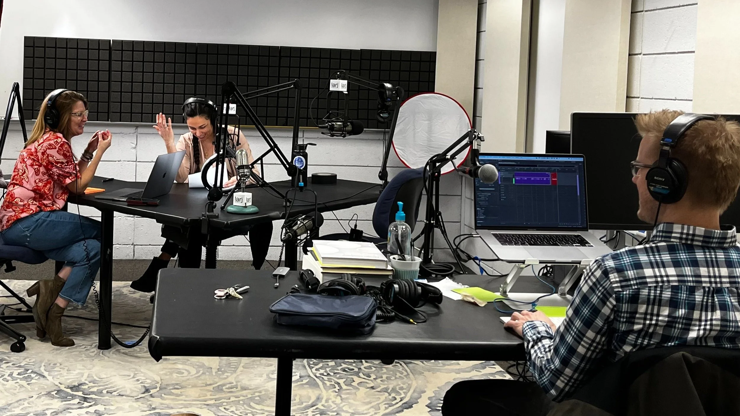 Tina Nole and Gina Colucci record an episode of the podcast Inspired Design at Larj studios.