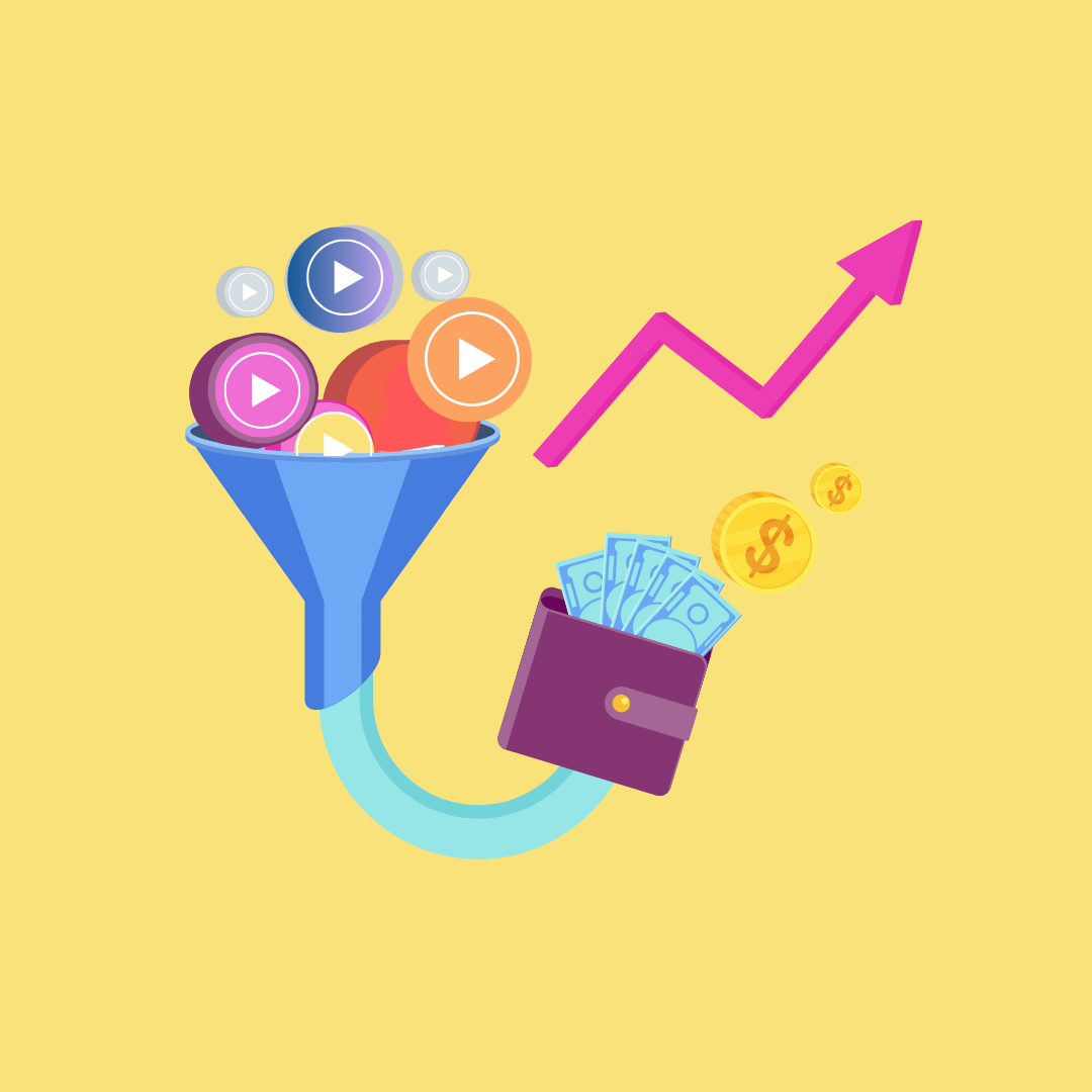 A funnel with a series of play buttons on one end and a wallet with money on the other.