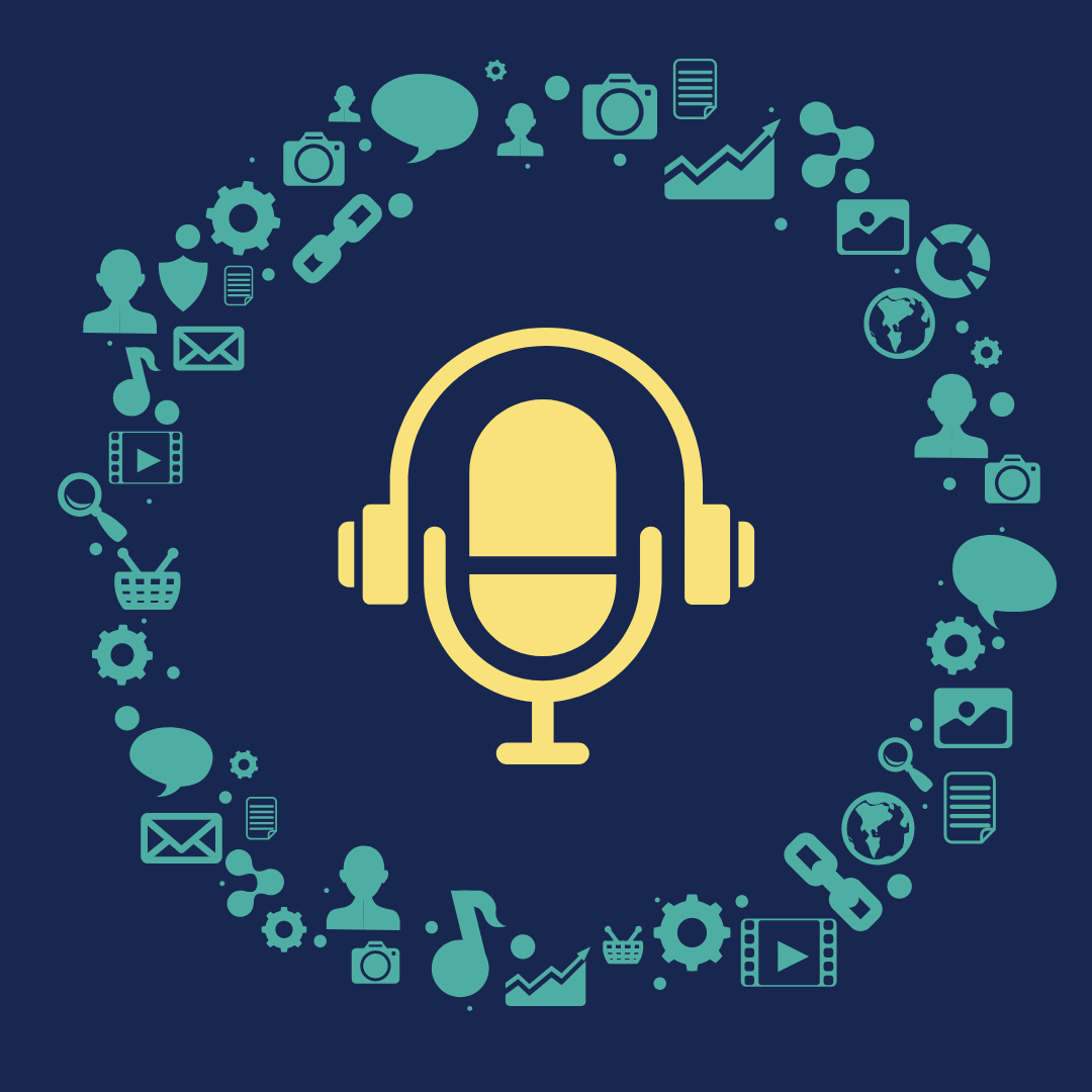 A podcast mic circled by a wreath of digital icons including blogs, video, email, music, gears and links.