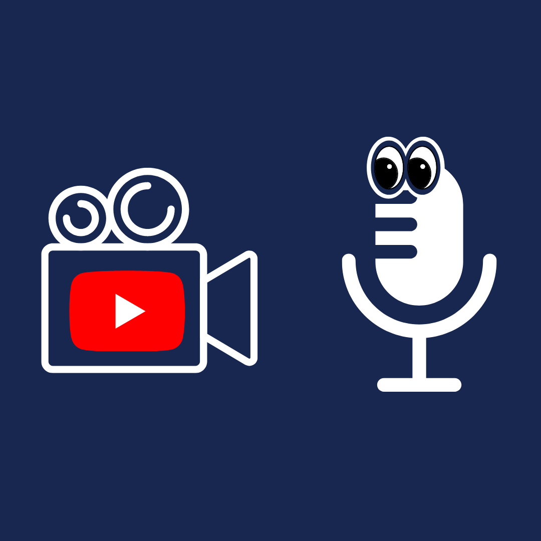 A face-off between a video camera with a YouTube play button and a surprised looking microphone for podcasting