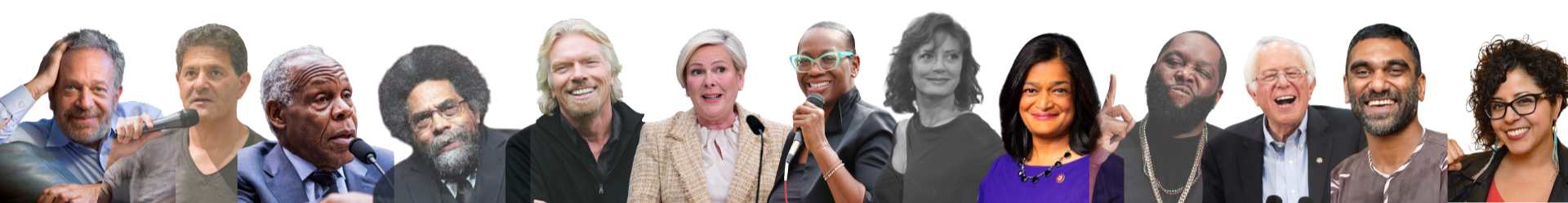 A diverse group of people at a conference or panel discussion, sitting side by side, some smiling, speaking into microphones, and listening.