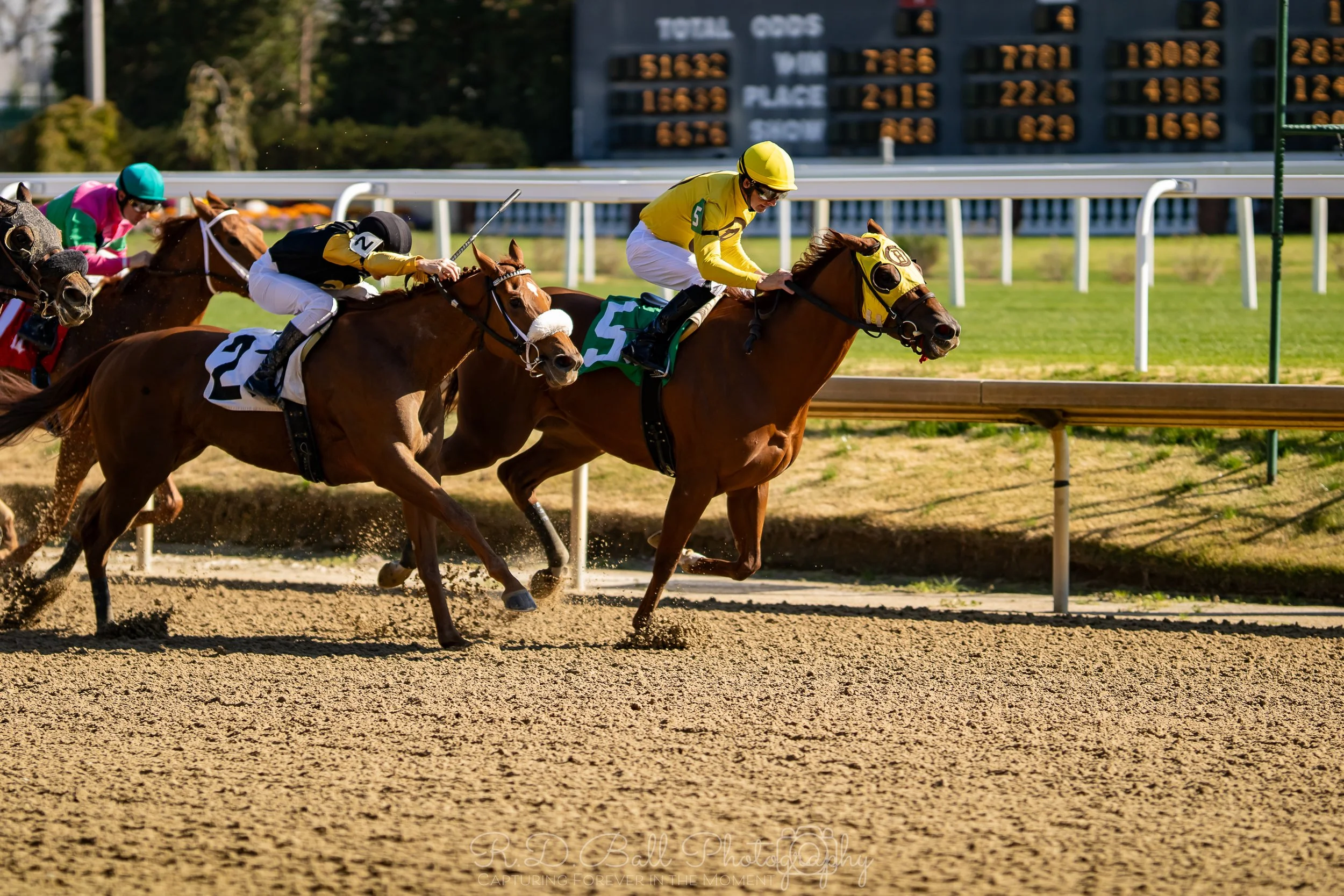 Racehorses and jockeys competing in a horse race on a dirt track with a scoreboard in the background.