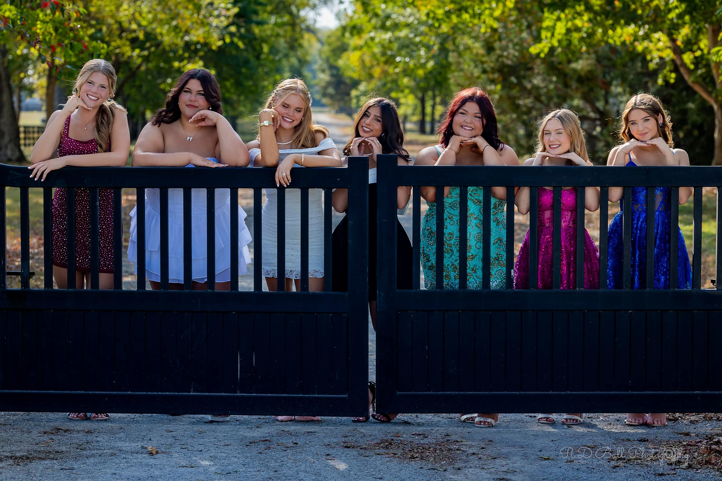 Seven young women in dresses leaning on a black gate outdoors on a sunny day, trees in the background.