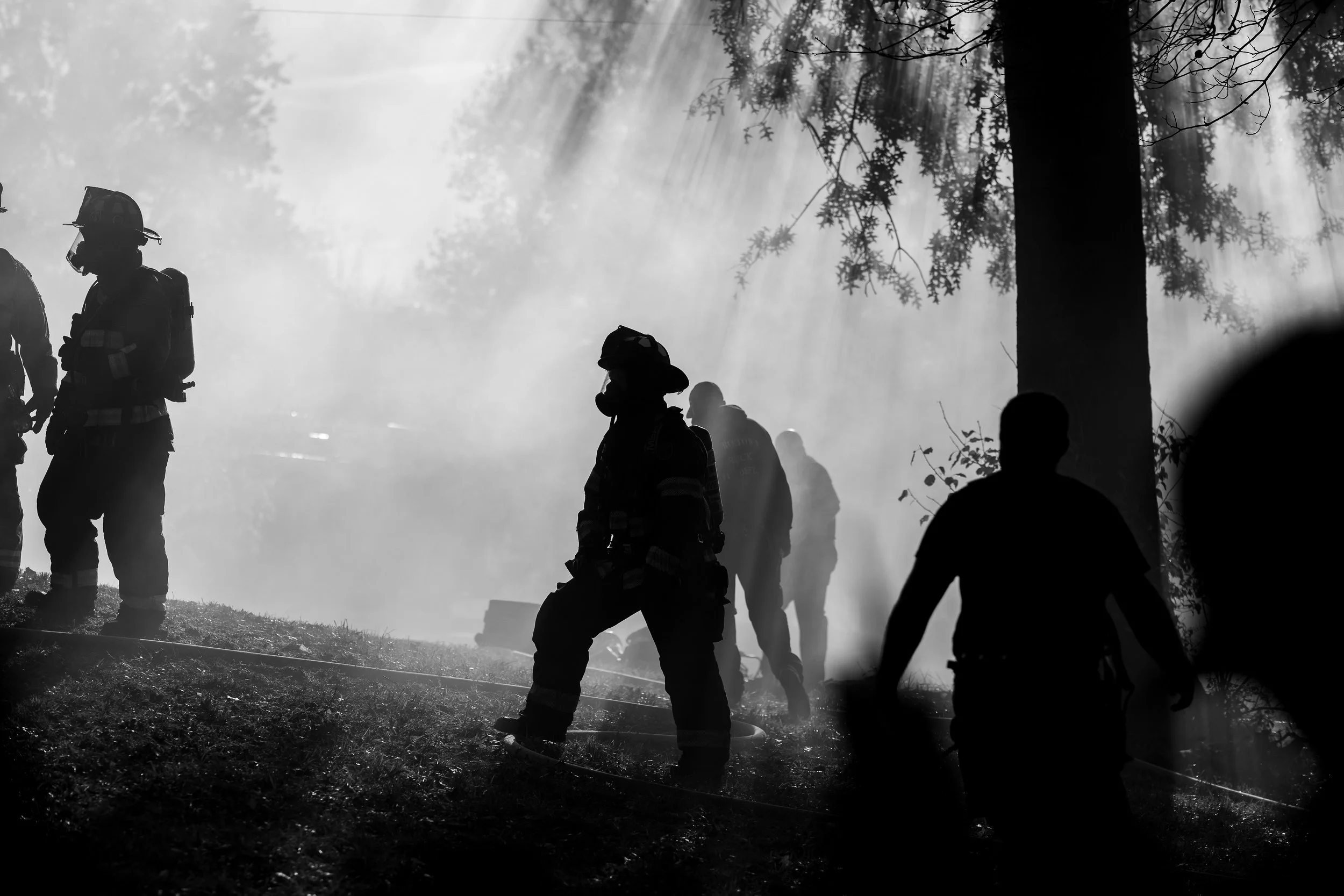 Firefighters working in a smoky forest, with sunlight streaming through the trees, in black and white.