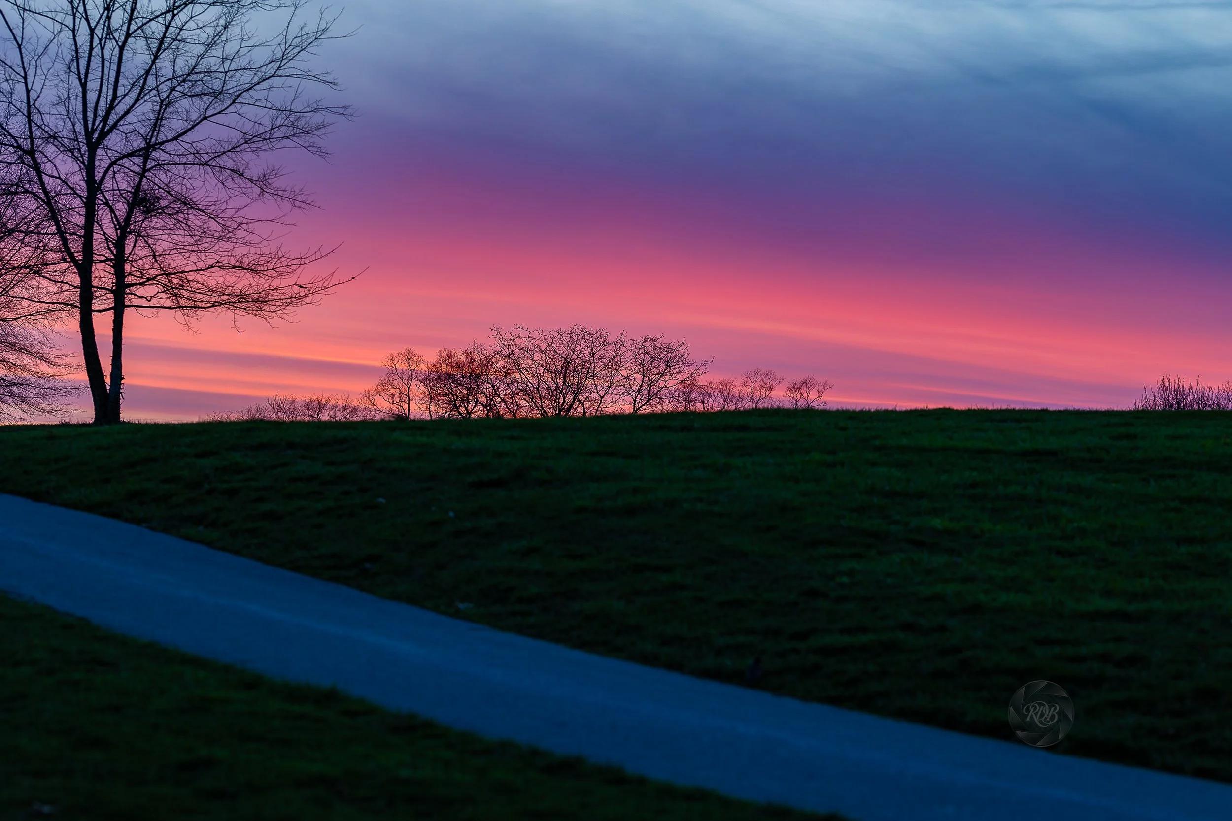 A vibrant sunset with pink, purple, and blue hues over a grassy hill with silhouetted trees and a winding pathway.