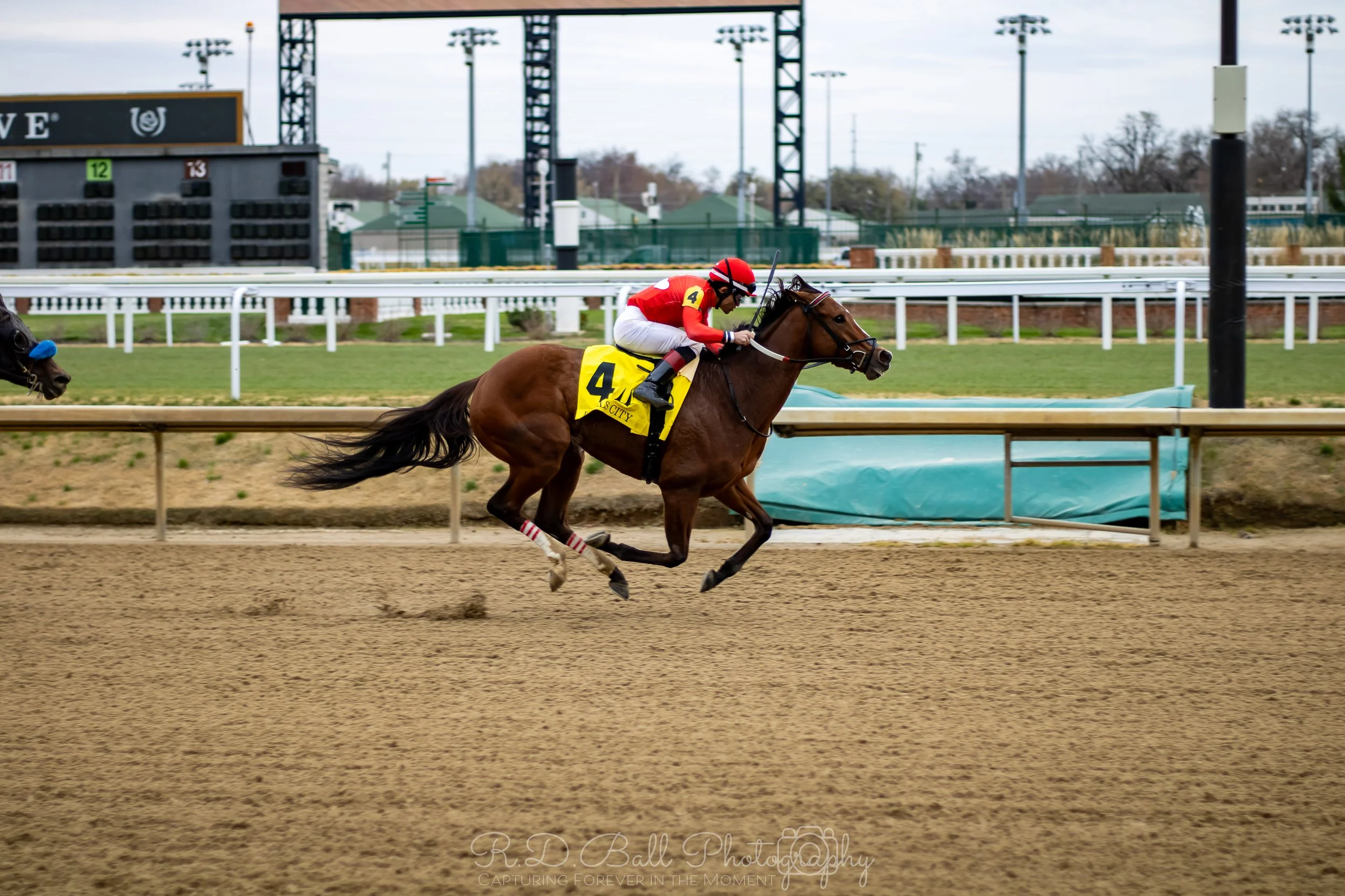 Racehorse with the number 4 on its yellow saddlecloth, ridden by a jockey in red and white uniform, racing on a dirt track.
