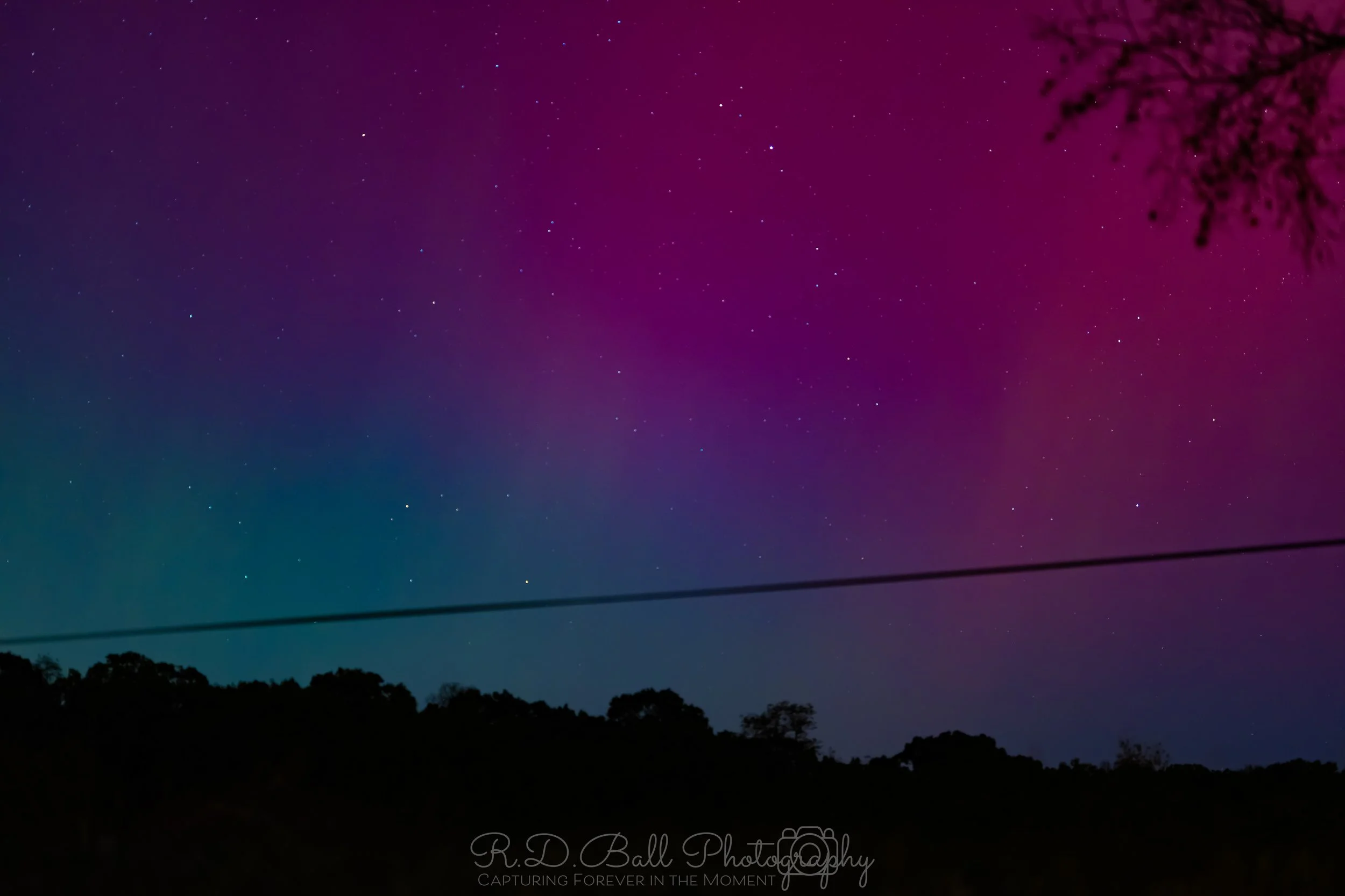 Night sky with colorful aurora borealis in shades of pink, purple, and green, with stars visible and silhouettes of trees and power lines in the foreground.