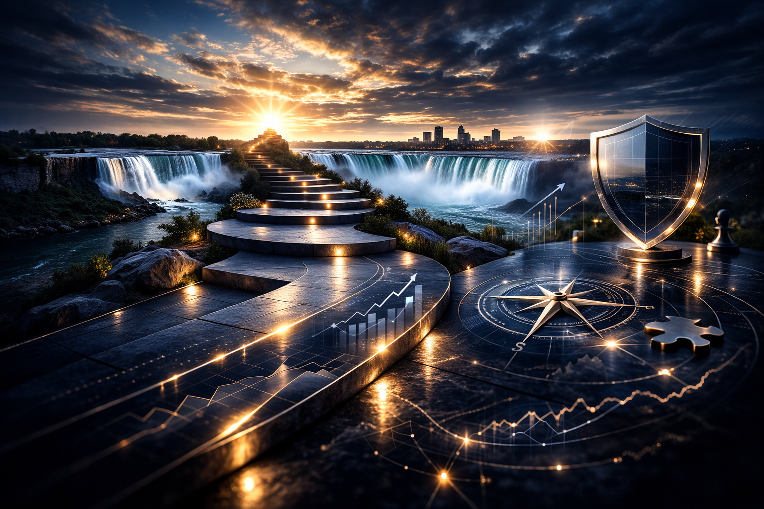 A surreal digital landscape combining a view of waterfalls at sunset with futuristic digital overlays such as graphs, a shield, a compass, and a chess piece, symbolizing security, navigation, and strategy.