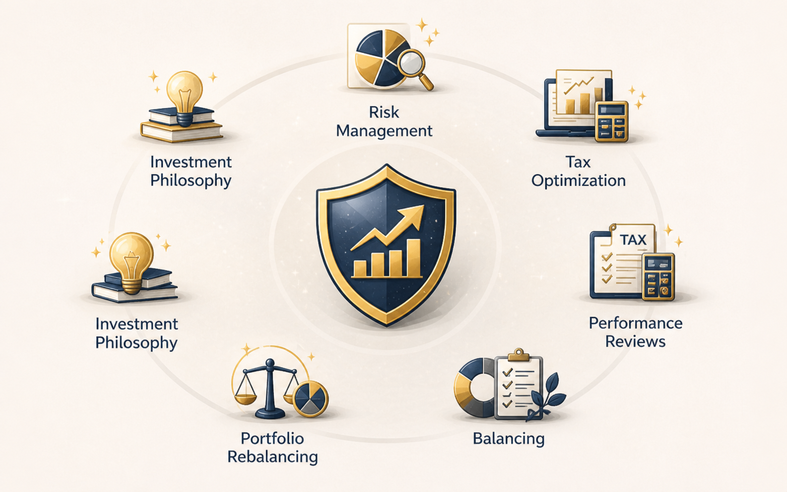 Infographic showing investment strategies with icons: Investment Philosophy, Risk Management, Tax Optimization, Performance Reviews, Balancing, Portfolio Rebalancing, and a central shield with a growth chart and arrow.