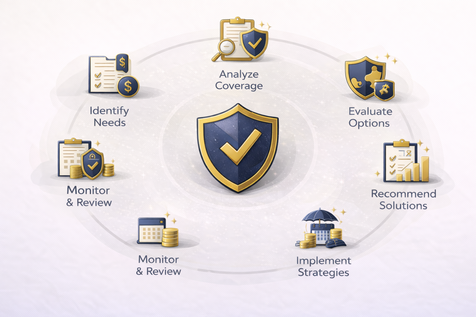 A circular infographic showing a cybersecurity or insurance process with steps: analyze coverage, evaluate options, recommend solutions, implement strategies, monitor & review, and identify needs, centered around a shield with a checkmark symbol.