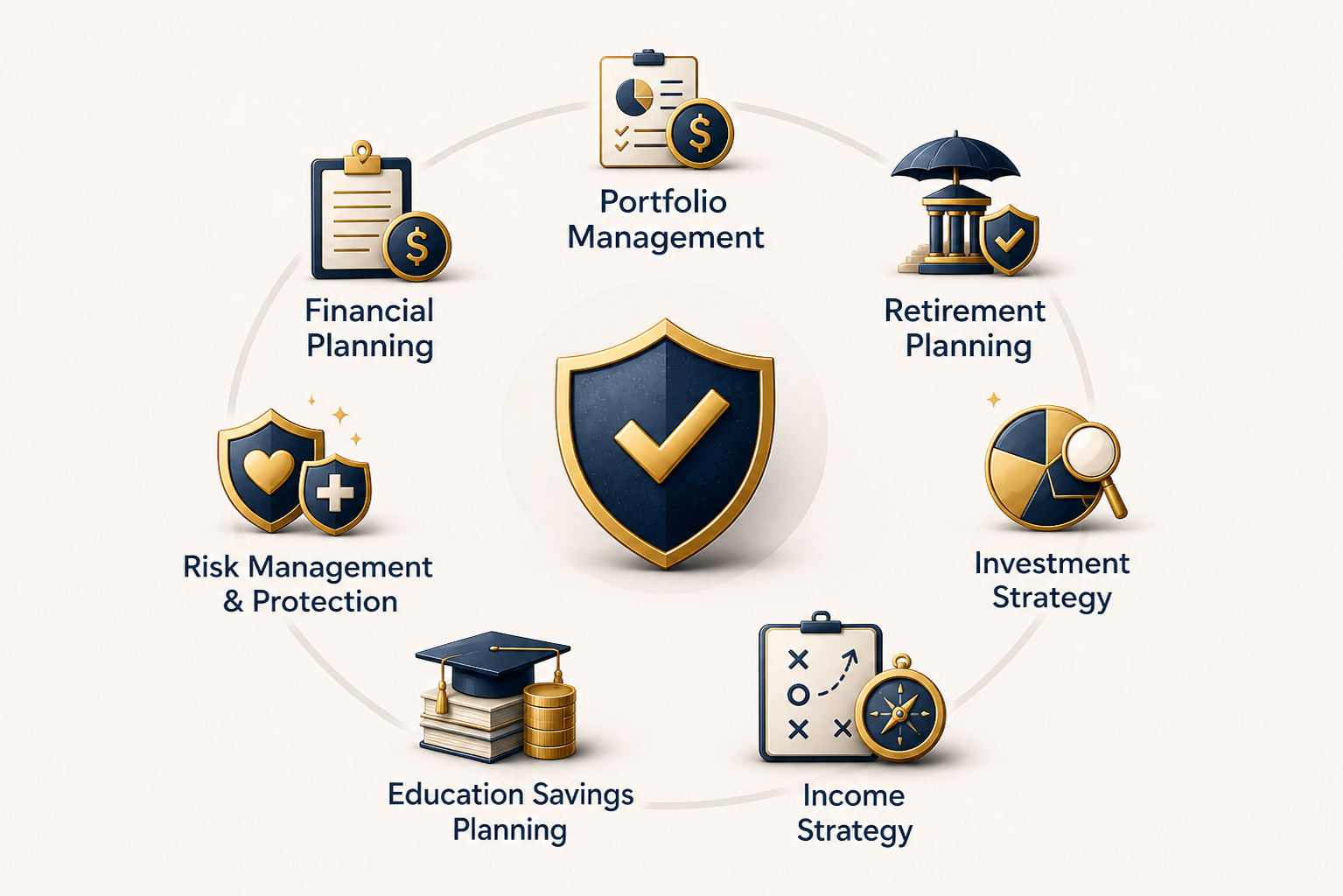 A circular infographic with a shield and checkmark in the center, surrounded by icons and labels for various financial planning topics. The topics are Portfolio Management, Retirement Planning, Investment Strategy, Income Strategy, Education Savings Planning, Risk Management & Protection, and Financial Planning.