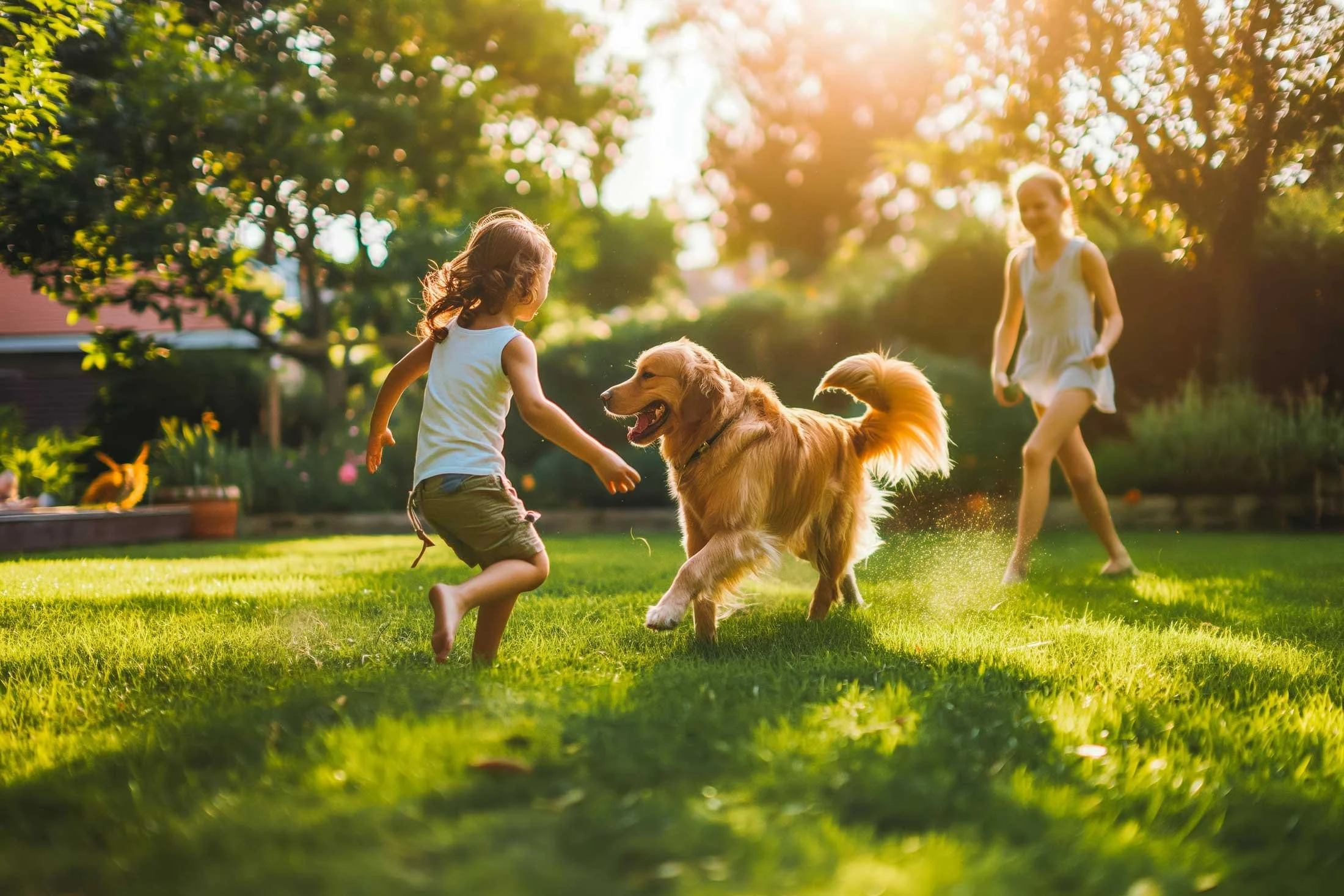 Two children playing fetch with a golden retriever puppy in a backyard on a sunny day, with green grass and trees in the background.
