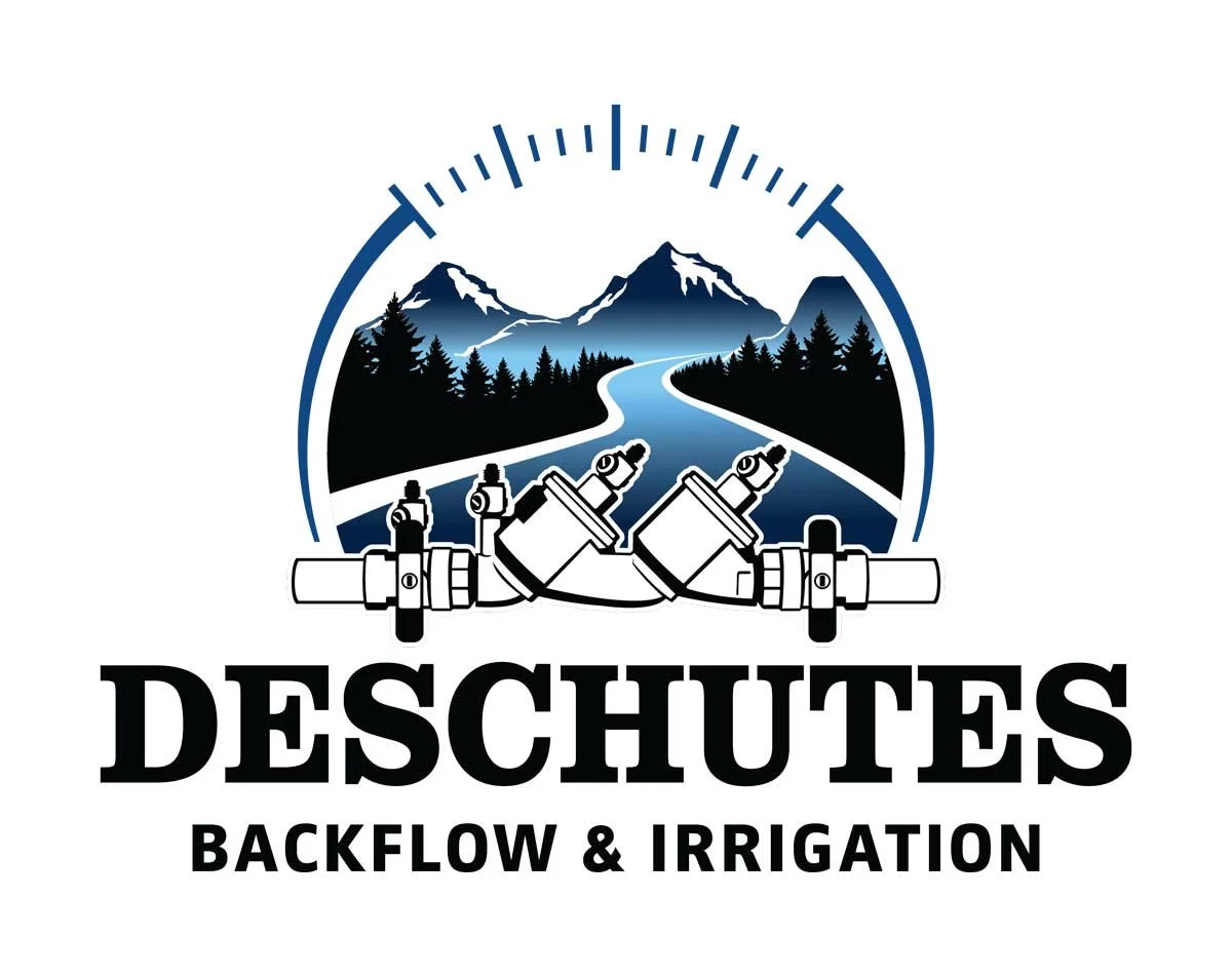 Logo for Deschutes Backflow & Irrigation featuring a mountain scene with a river, trees, and snow-capped peaks, and a graphic of irrigation backflow preventers.