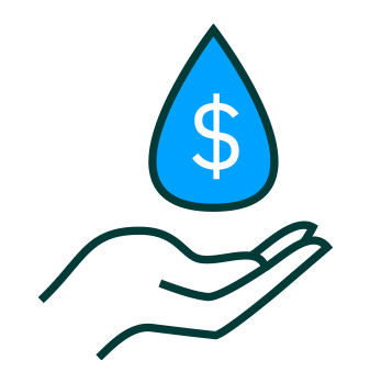 A hand holding a water droplet with a dollar sign inside it.