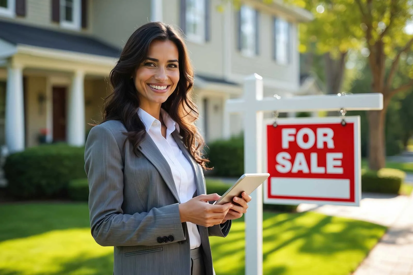 A woman in a gray business suit holding a tablet, standing in front of a house with a red 'For Sale' sign.