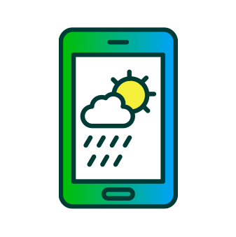 Smartphone screen displaying a weather forecast with a cloud, rain, and sun icon.