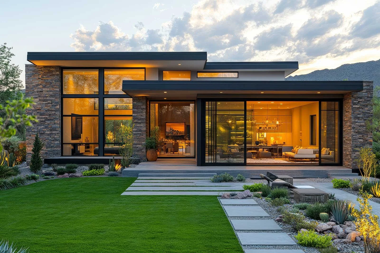 Modern house with large glass windows, stone walls, and a well-maintained lawn with stepping stones and landscaped plants at sunset.