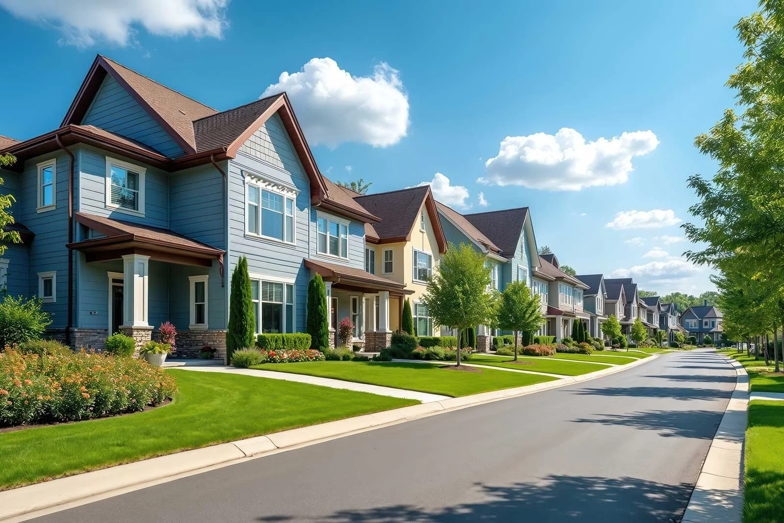 A row of colorful suburban houses on a sunny day, with manicured lawns, trees, and a curving street.