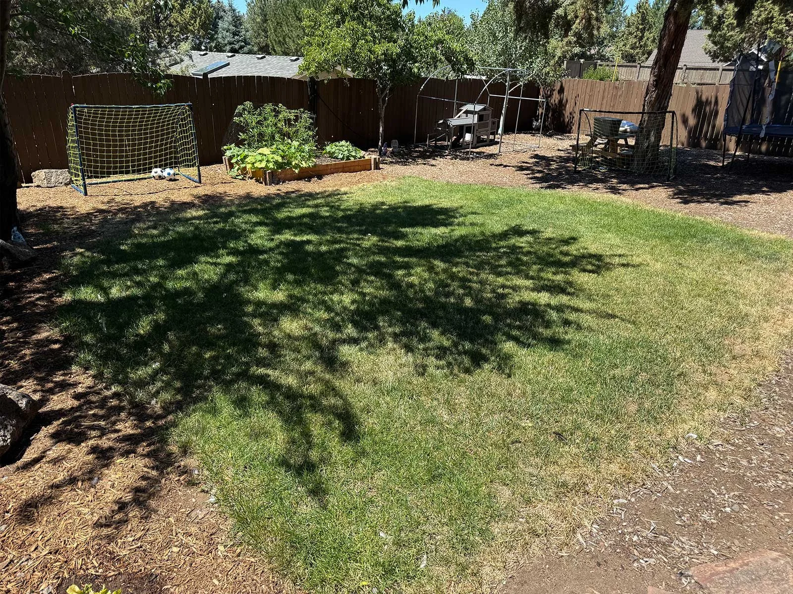 A backyard with a lawn, gardening beds, and fenced play area with soccer balls and outdoor furniture.