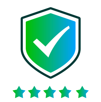 A shield with a checkmark inside, featuring a green-to-blue gradient, and five green stars below.