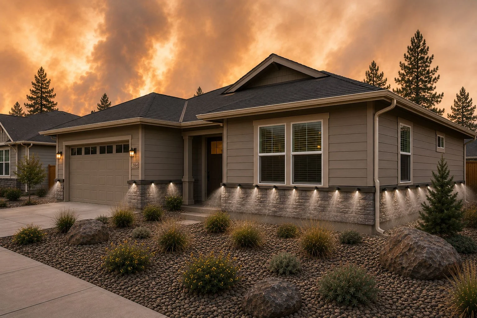 A photo of a house with a wildfire smoke in the background. Water sprayers surround the house and are activated.
