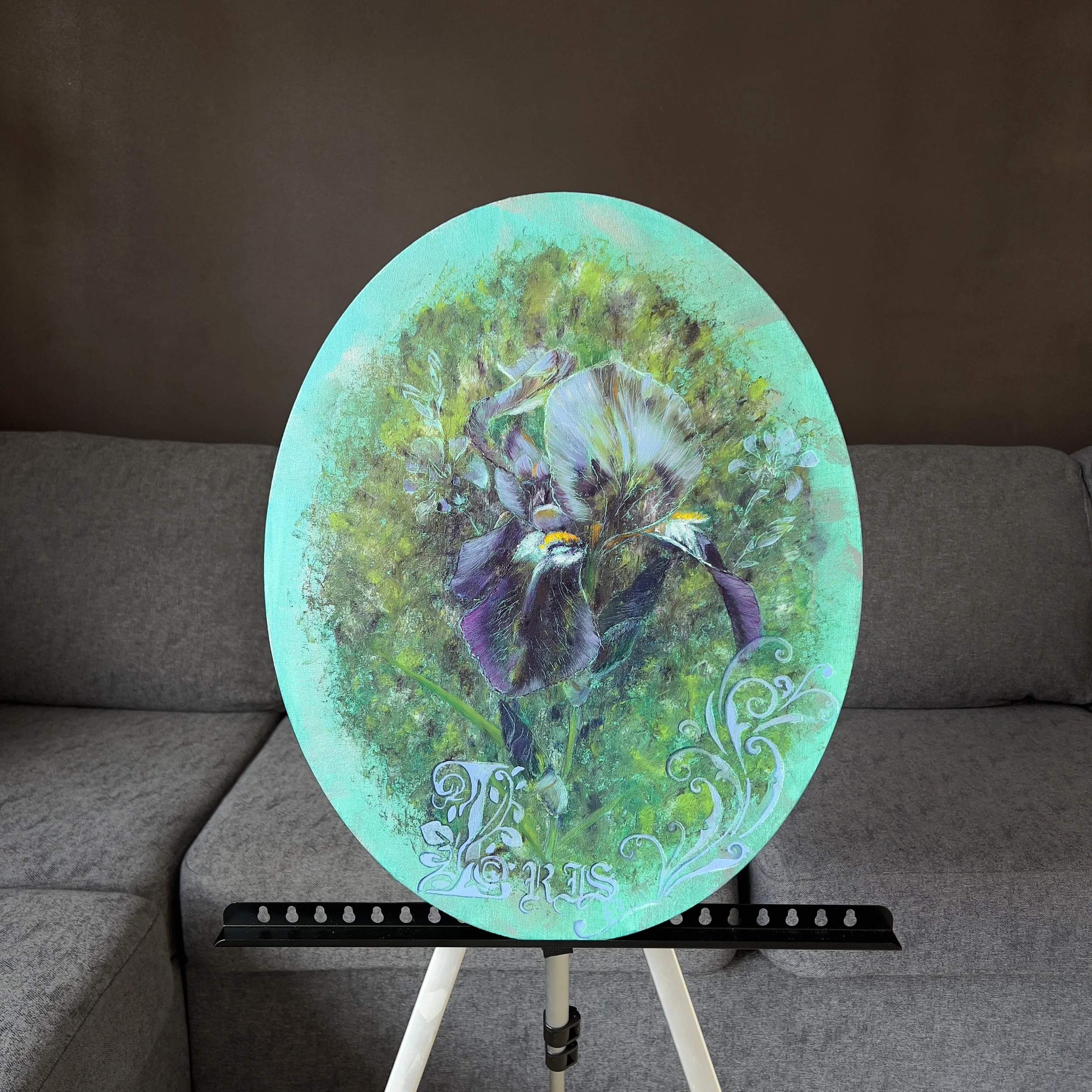 Ghost Iris — Original Botanical Painting on Oval Canvas