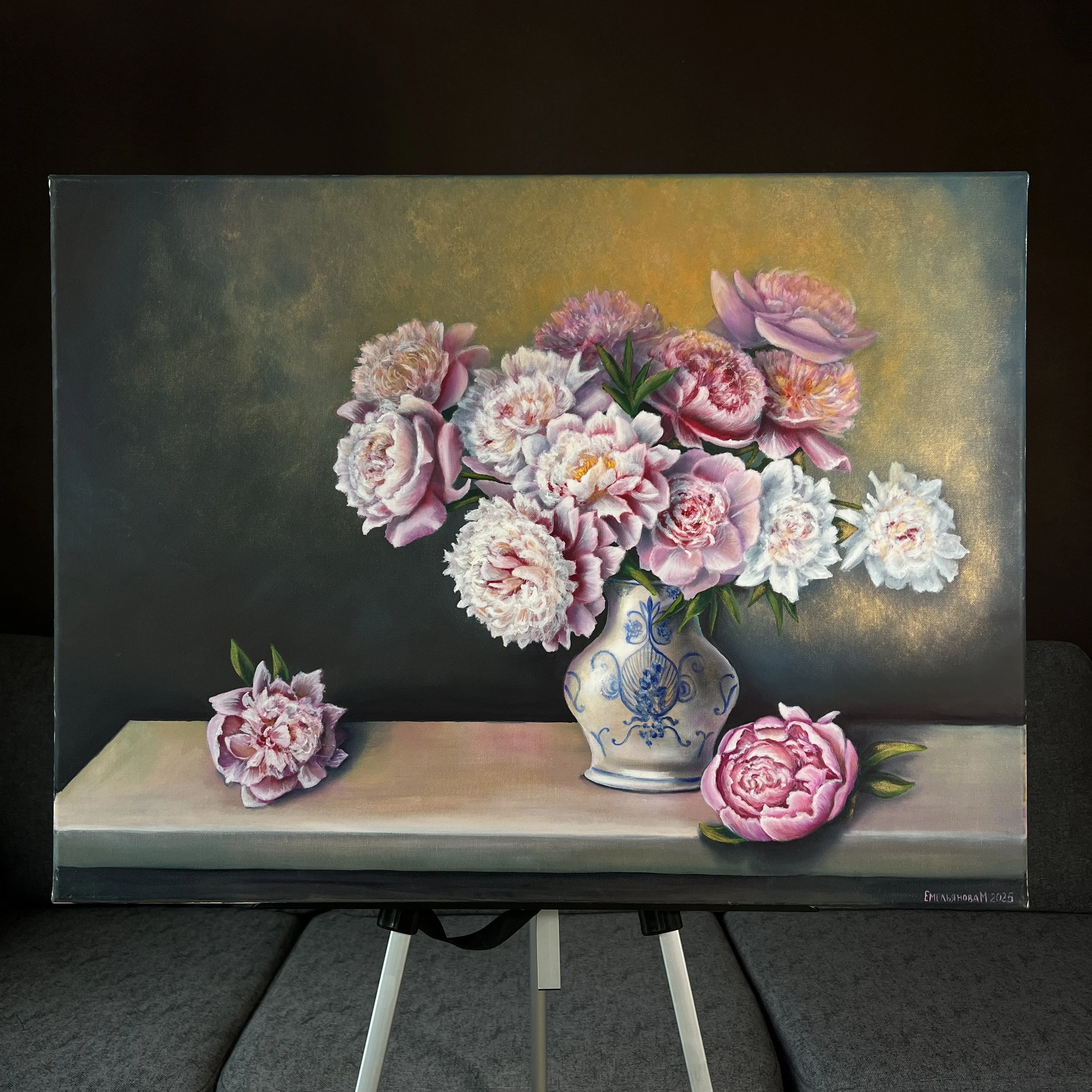 Bouquet of peonies in a vase with a blue pattern, oil painting