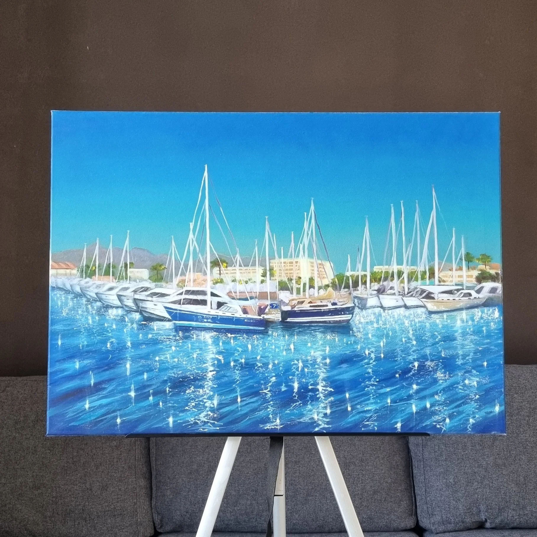 In the Bay of Palma de Mallorca, original oil painting on canvas.