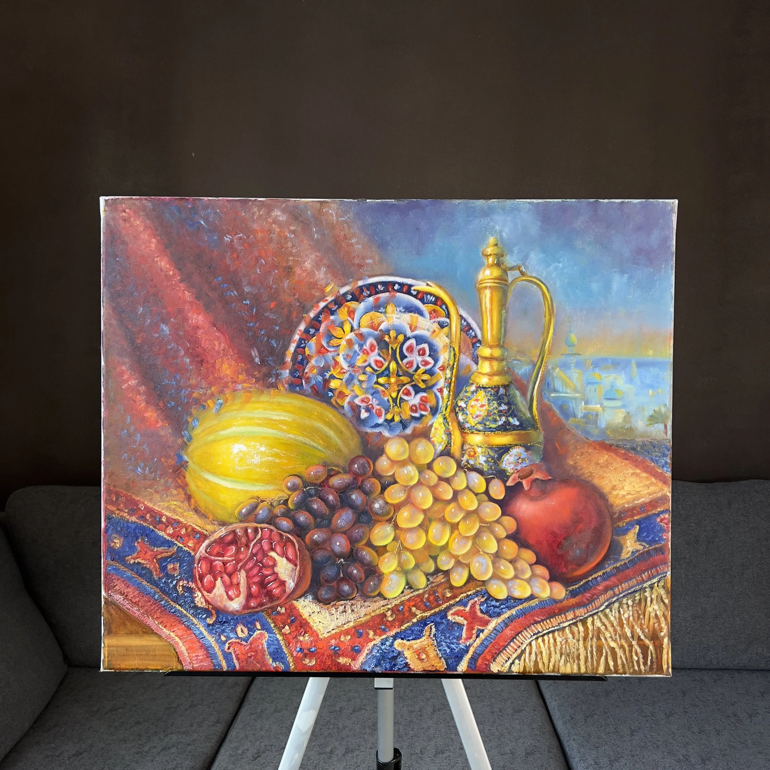 Oriental still life with grapes and pomegranates, Oil Painting