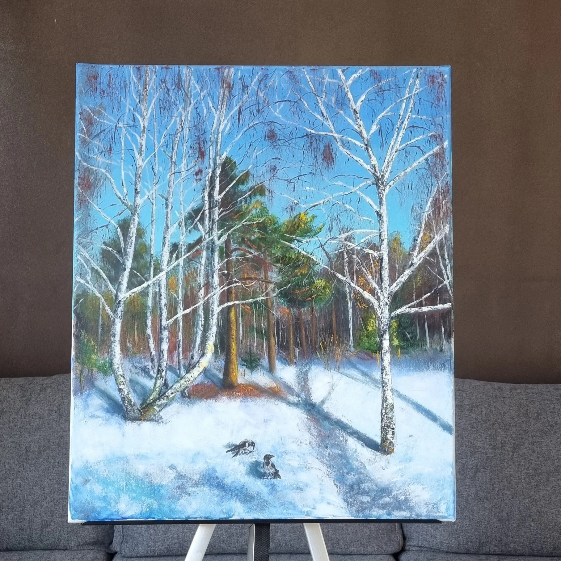 March Birch Trees, Winter Forest Landscape - Original Oil Painting