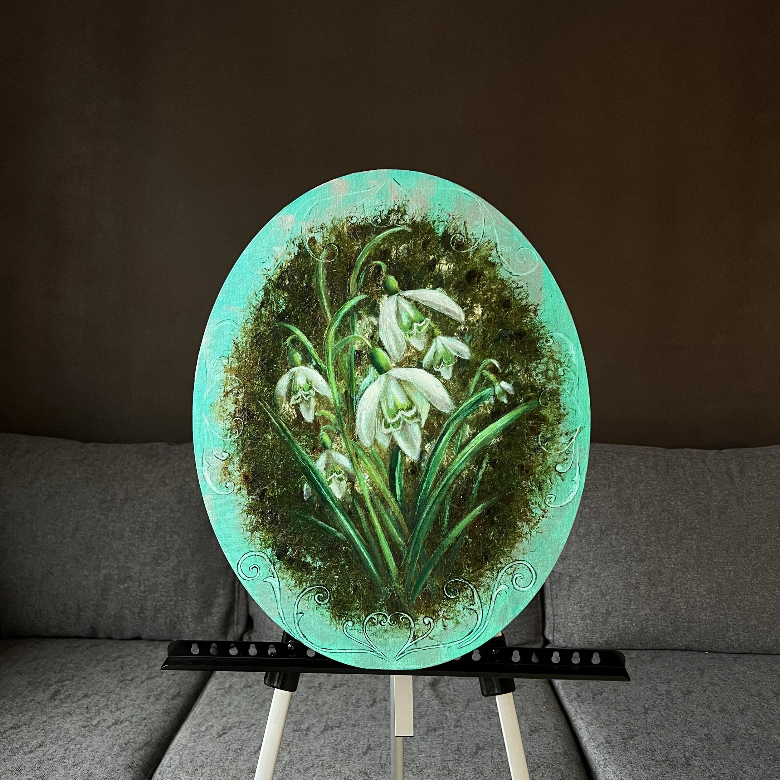 Snowdrop Flowers – Original Spring Painting on Oval Canvas