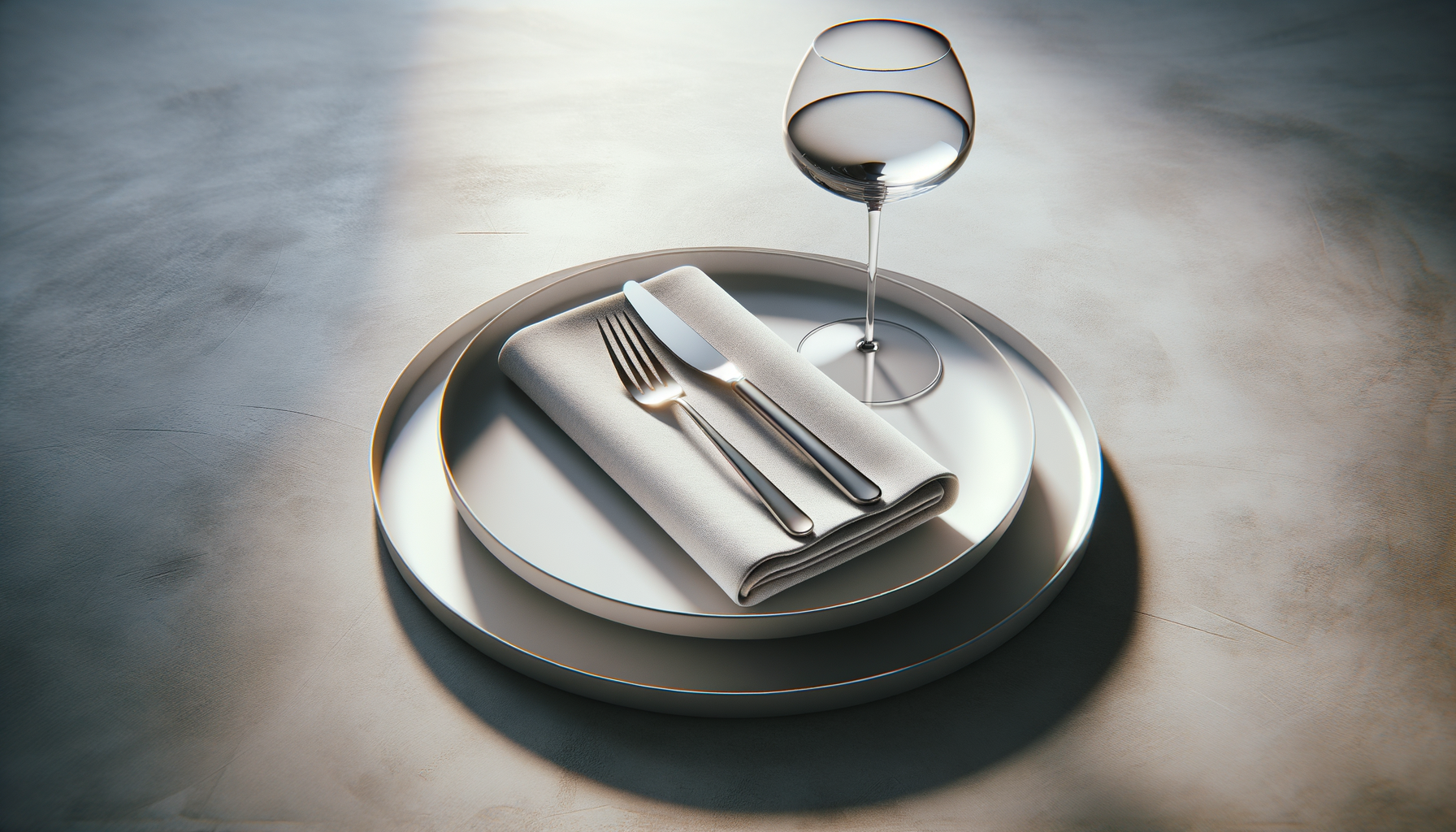 A minimalist table setting with a glass of water, a knife and fork on a folded napkin, all arranged on a round white tray.