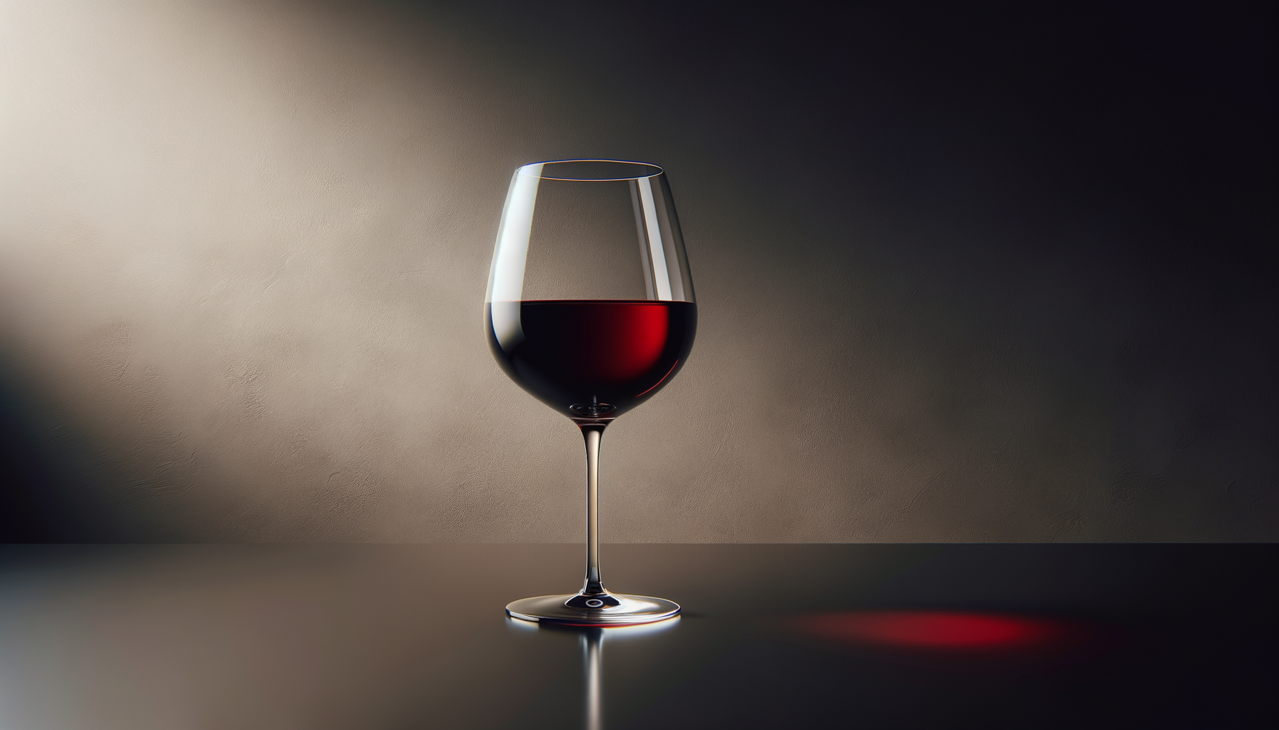 A glass of red wine on a dark, reflective surface against a gradient background.