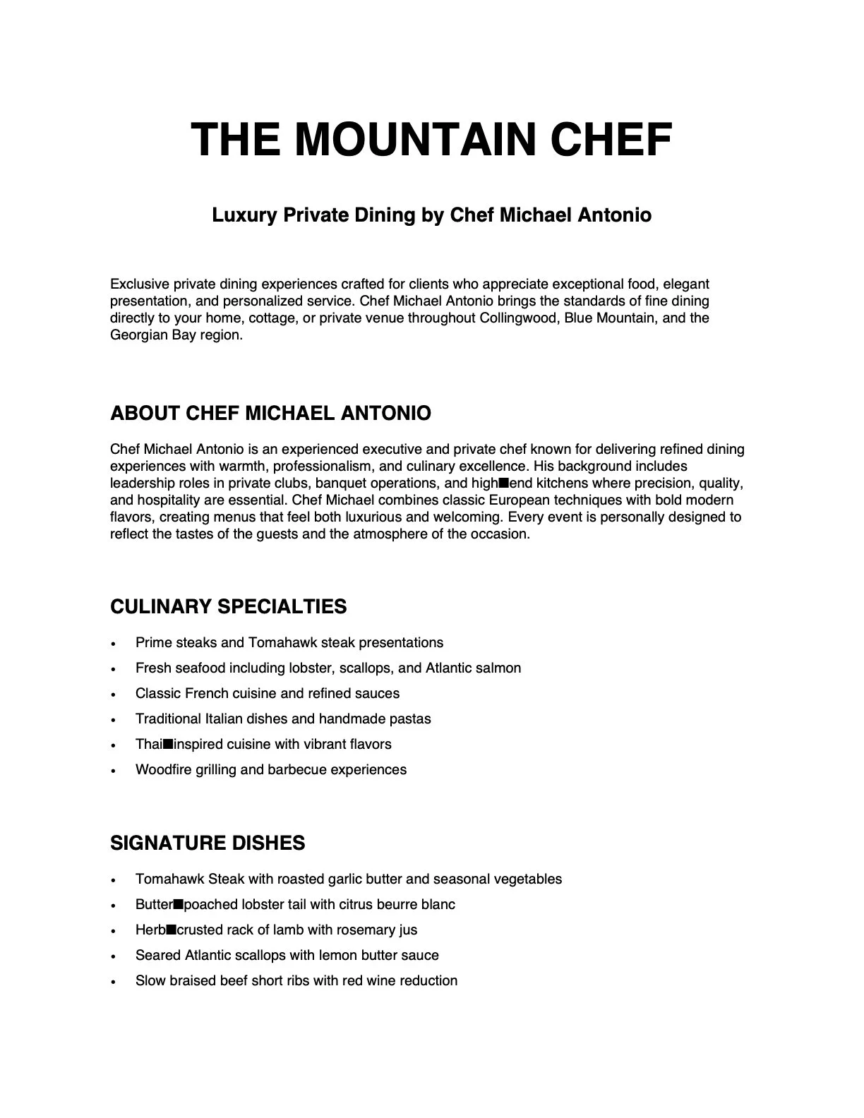A menu for 'The Mountain Chef' showcasing luxury private dining options by Chef Michael Antonio, including a description of his background, culinary specialties such as prime steaks, seafood, French and Italian cuisine, and signature dishes like Tomahawk steak and grilled scallops.