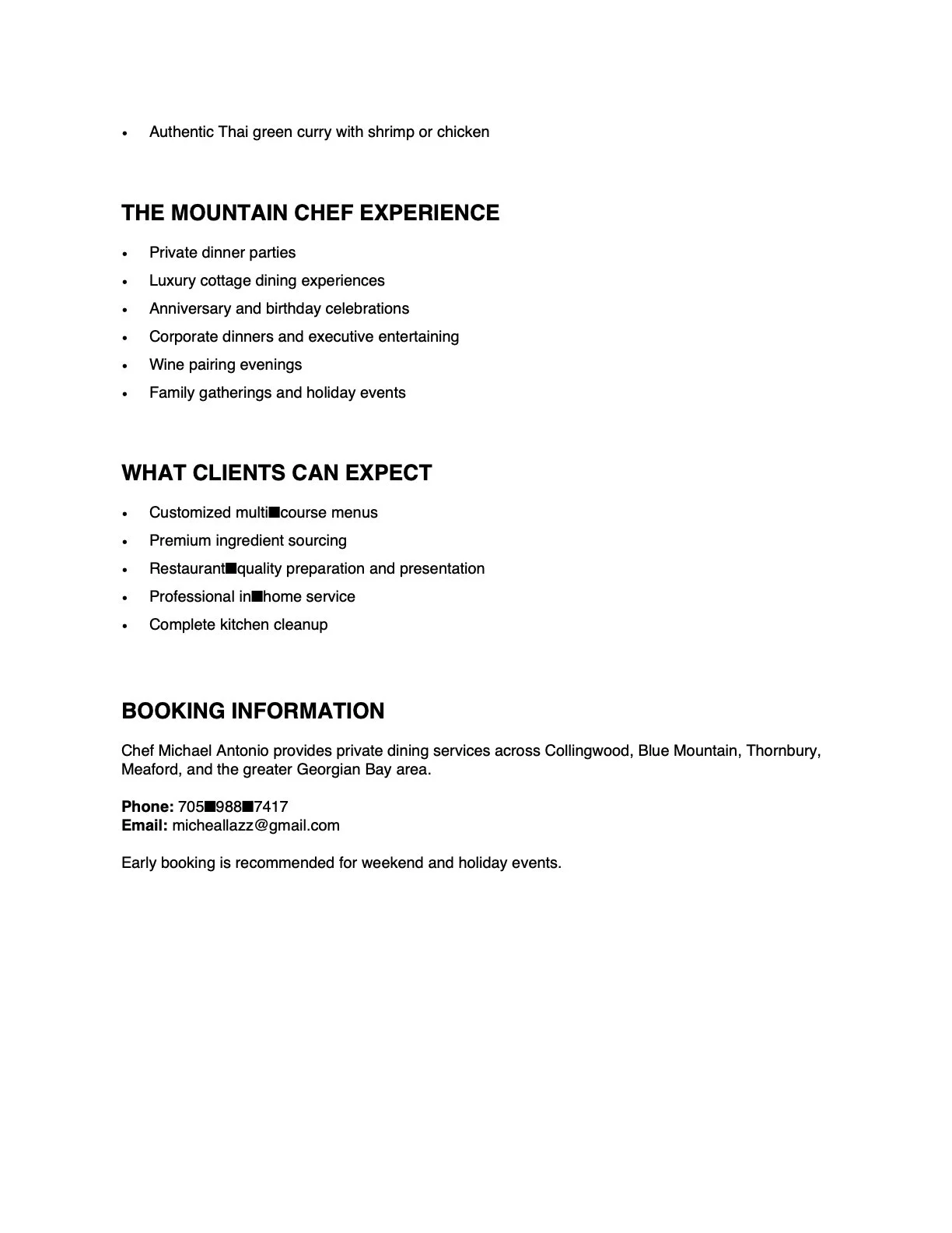 A text document detailing private dining services by Chef Michael Antonio, including options like Thai green curry, seafood, and chicken, with contact information and area coverage including Collingwood, Blue Mountain, Thornbury, Meaford, and Georgian Bay.