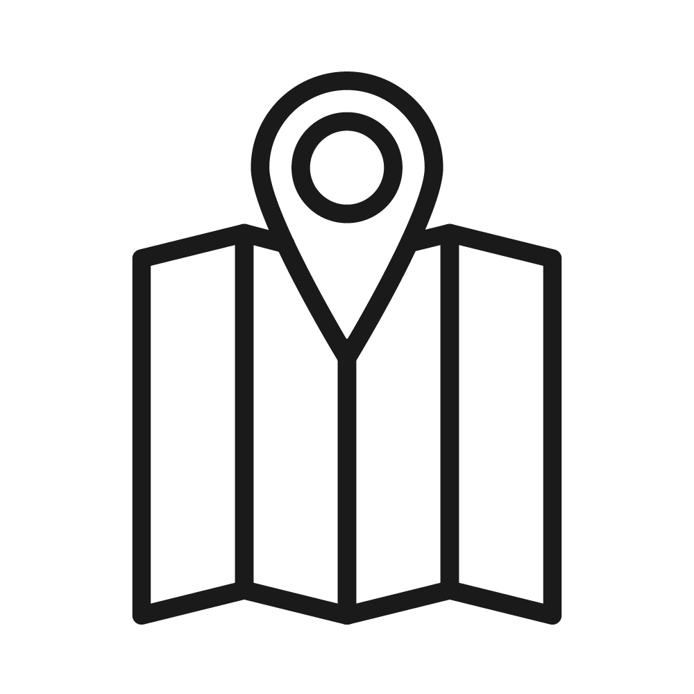 Outline icon of a location pin on top of a folded map.
