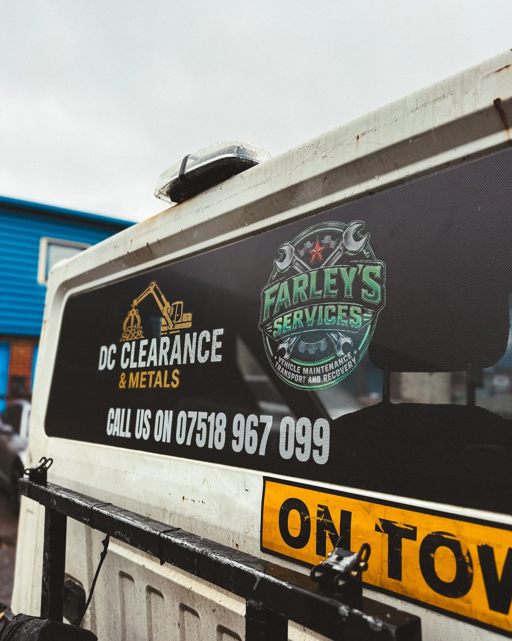 Want to brand your vehicle windows but still need to see out?

Perforated window film allows full colour graphics to be applied to the outside while retaining visibility from inside the vehicle.

Farley Services still needed to use the rear window of